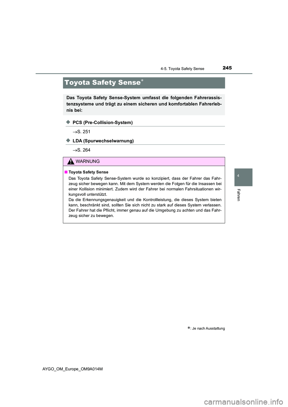 TOYOTA AYGO 2021  Betriebsanleitungen (in German) 245
4
4-5. Toyota Safety Sense
Fahren
AYGO_OM_Europe_OM9A014M
Toyota Safety Sense
◆PCS (Pre-Collision-System) 
 S. 251
◆LDA (Spurwechselwarnung) 
 S. 264
: Je nach Ausstattung
Das Toyo