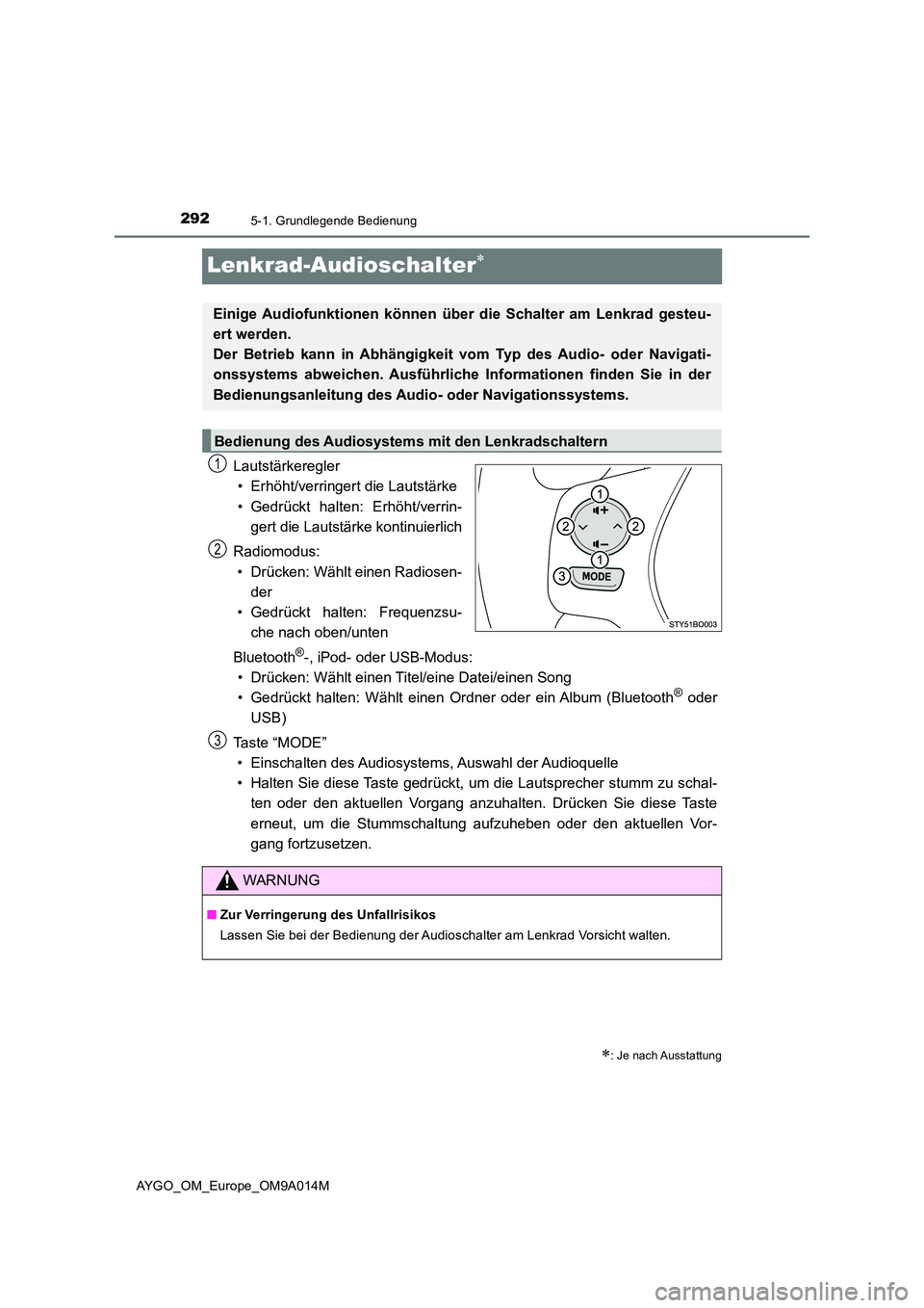 TOYOTA AYGO 2021 Betriebsanleitungen (in German) 2925-1. Grundlegende Bedienung
AYGO_OM_Europe_OM9A014M
Lenkrad-Audioschalter
Lautstärkeregler
• Erhöht/verringert die Lautstärke
• Gedrückt halten: Erhöht/verrin-
gert die Lautstärke k TOYOTA AYGO 2021 Betriebsanleitungen (in German) 2925-1. Grundlegende Bedienung
AYGO_OM_Europe_OM9A014M
Lenkrad-Audioschalter
Lautstärkeregler
• Erhöht/verringert die Lautstärke
• Gedrückt halten: Erhöht/verrin-
gert die Lautstärke k