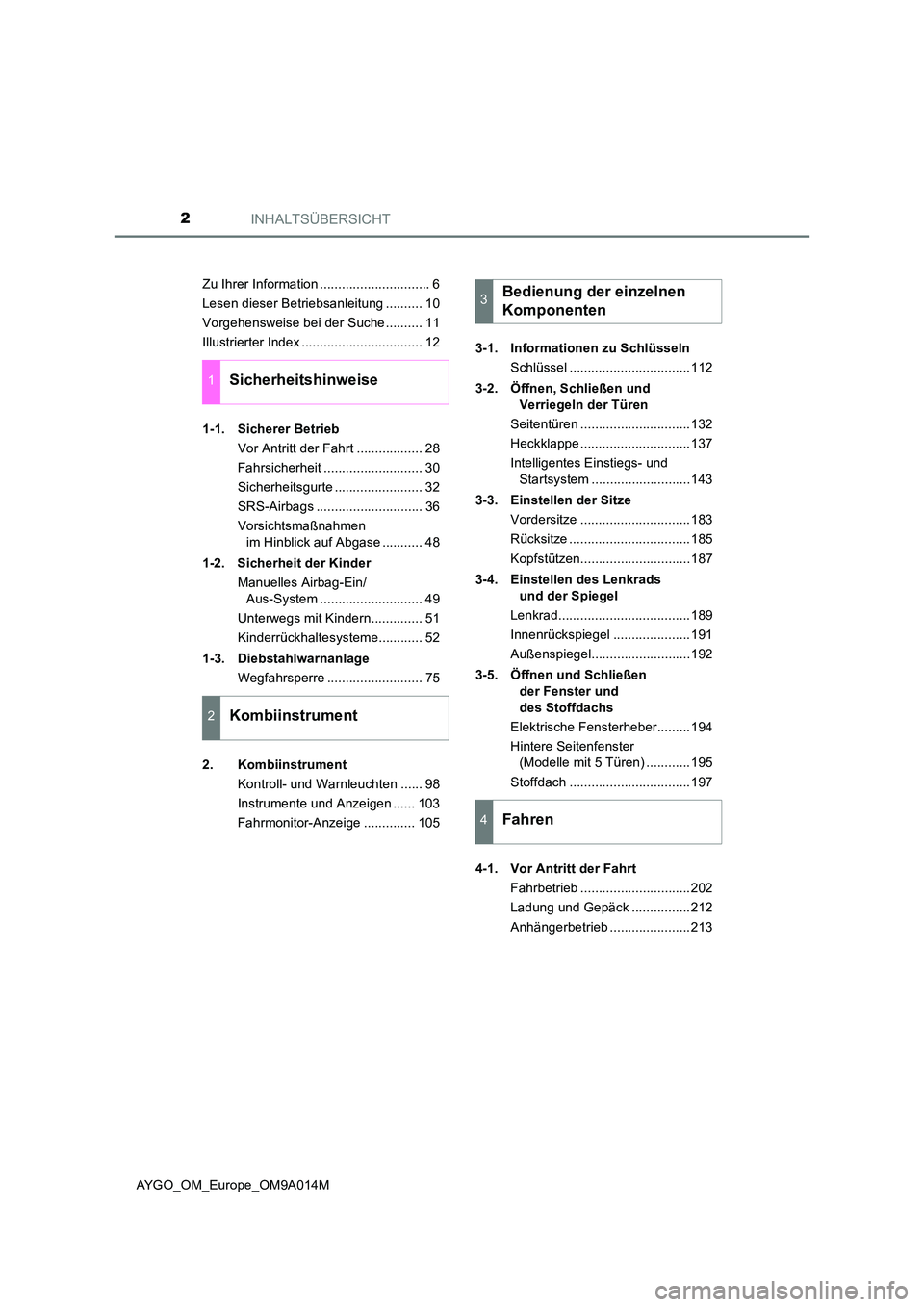 TOYOTA AYGO 2021 Betriebsanleitungen (in German) INHALTSÜBERSICHT2
AYGO_OM_Europe_OM9A014M
Zu Ihrer Information .............................. 6
Lesen dieser Betriebsanleitung .......... 10
Vorgehensweise bei der Suche .......... 11
Illustrierter TOYOTA AYGO 2021 Betriebsanleitungen (in German) INHALTSÜBERSICHT2
AYGO_OM_Europe_OM9A014M
Zu Ihrer Information .............................. 6
Lesen dieser Betriebsanleitung .......... 10
Vorgehensweise bei der Suche .......... 11
Illustrierter