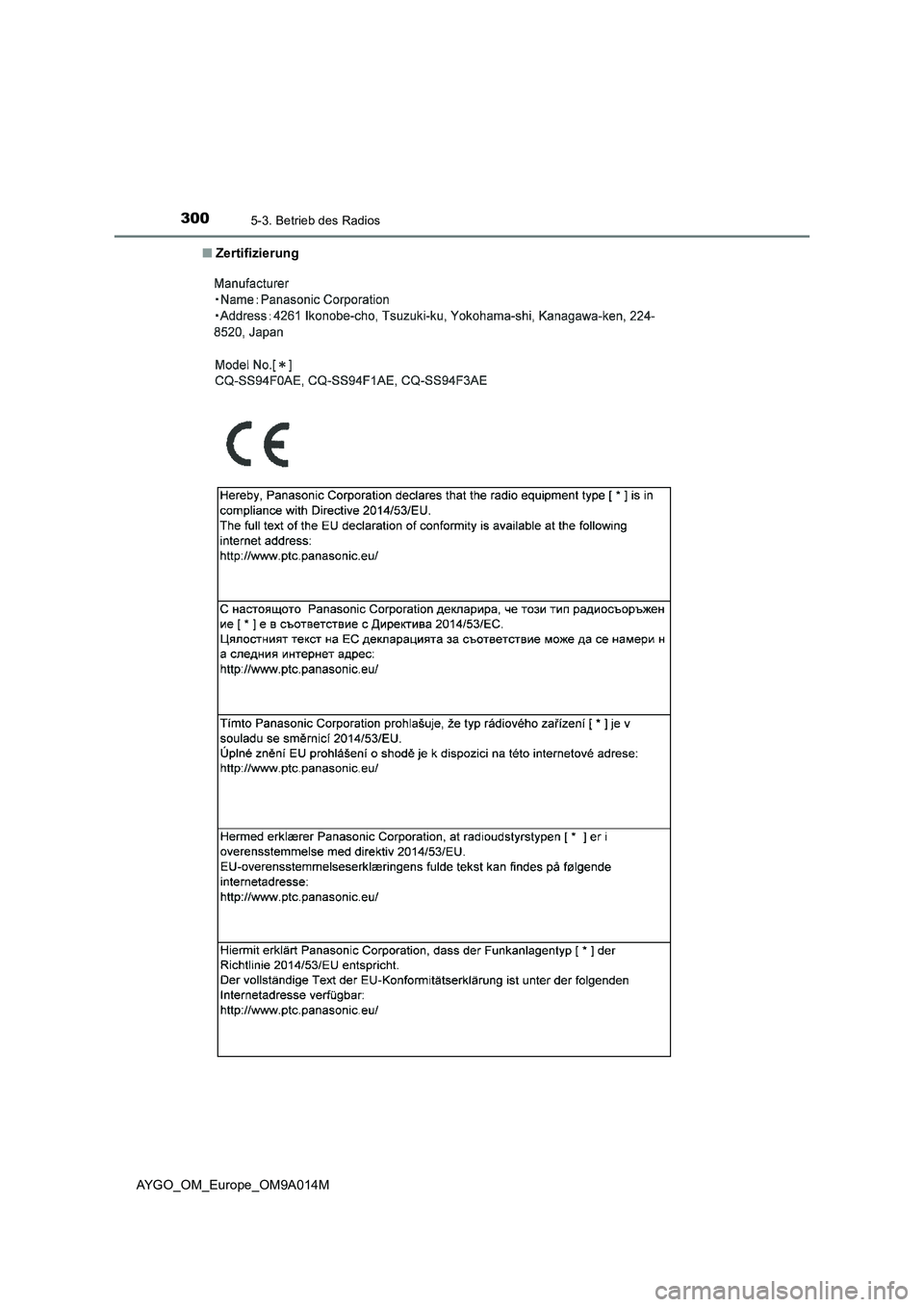 TOYOTA AYGO 2021  Betriebsanleitungen (in German) 3005-3. Betrieb des Radios
AYGO_OM_Europe_OM9A014M■Zertifizierung 