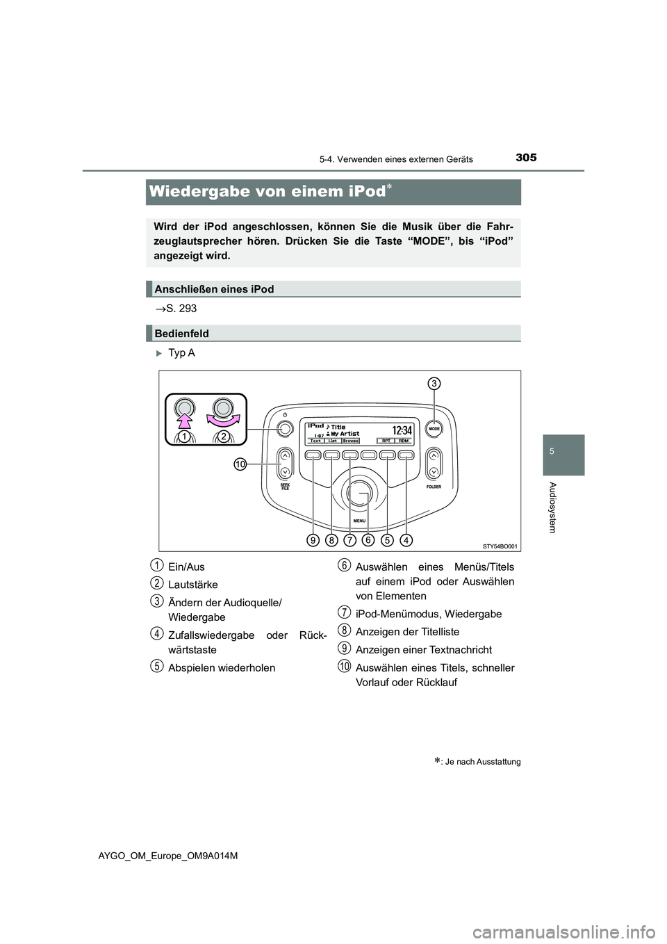 TOYOTA AYGO 2021  Betriebsanleitungen (in German) 305
5
5-4. Verwenden eines externen Geräts
Audiosystem
AYGO_OM_Europe_OM9A014M
Wiedergabe von einem iPod
S. 293
Ty p  A
: Je nach Ausstattung
Wird der iPod angeschlossen, können Sie die 