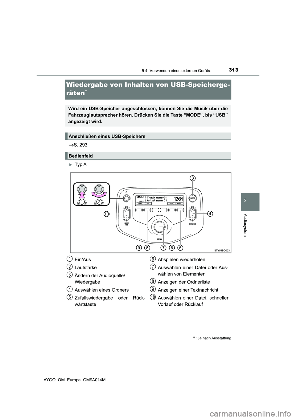 TOYOTA AYGO 2021 Betriebsanleitungen (in German) 313
5
5-4. Verwenden eines externen Geräts
Audiosystem
AYGO_OM_Europe_OM9A014M
Wiedergabe von Inhalten von USB-Speicherge-
räten
S. 293
Ty p A
: Je nach Ausstattung
Wird ein USB-Speich TOYOTA AYGO 2021 Betriebsanleitungen (in German) 313
5
5-4. Verwenden eines externen Geräts
Audiosystem
AYGO_OM_Europe_OM9A014M
Wiedergabe von Inhalten von USB-Speicherge-
räten
S. 293
Ty p A
: Je nach Ausstattung
Wird ein USB-Speich
