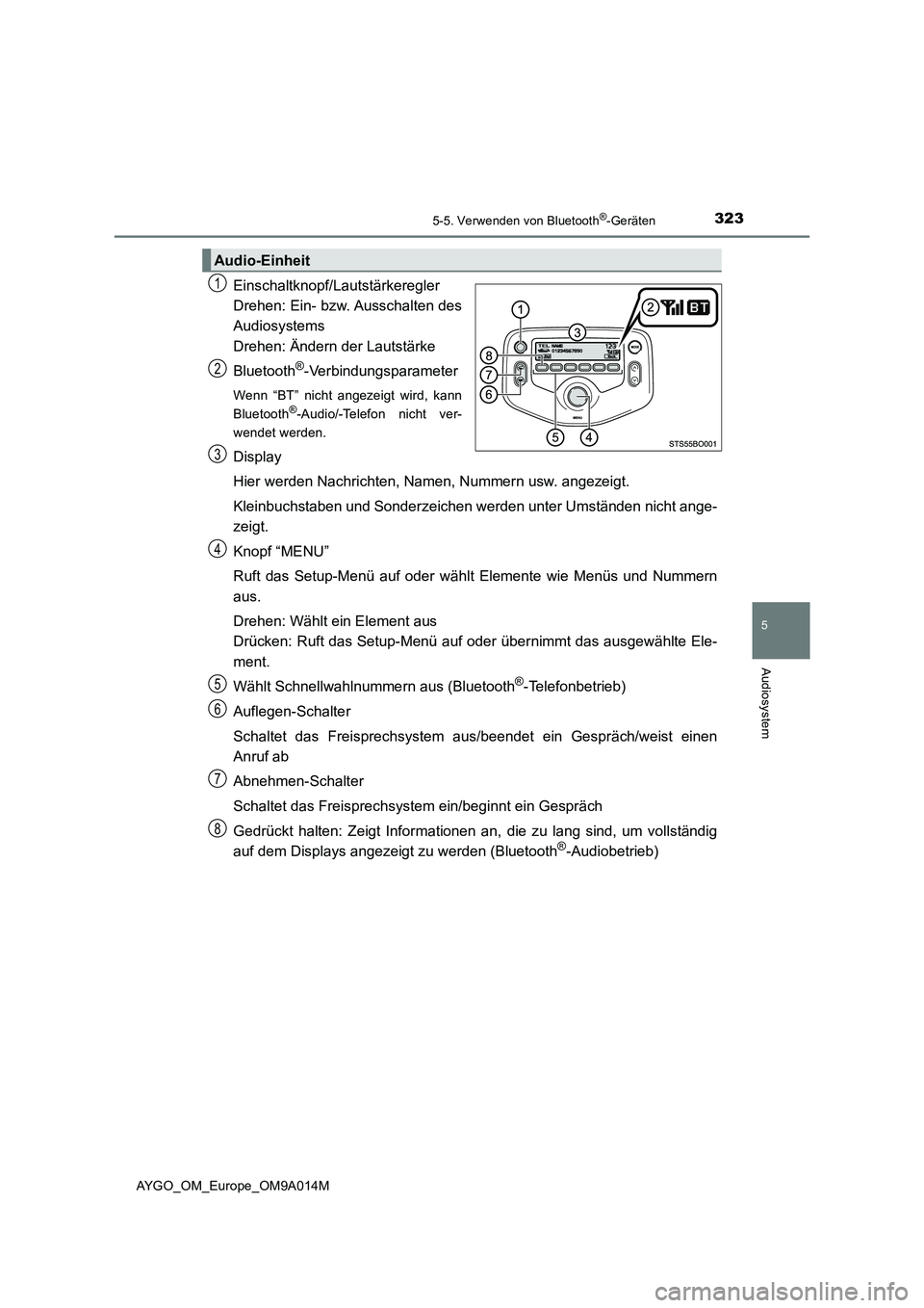 TOYOTA AYGO 2021 Betriebsanleitungen (in German) 3235-5. Verwenden von Bluetooth®-Geräten
5
Audiosystem
AYGO_OM_Europe_OM9A014M
Einschaltknopf/Lautstärkeregler
Drehen: Ein- bzw. Ausschalten des
Audiosystems
Drehen: Ändern der Lautstärke
Bluetoo TOYOTA AYGO 2021 Betriebsanleitungen (in German) 3235-5. Verwenden von Bluetooth®-Geräten
5
Audiosystem
AYGO_OM_Europe_OM9A014M
Einschaltknopf/Lautstärkeregler
Drehen: Ein- bzw. Ausschalten des
Audiosystems
Drehen: Ändern der Lautstärke
Bluetoo