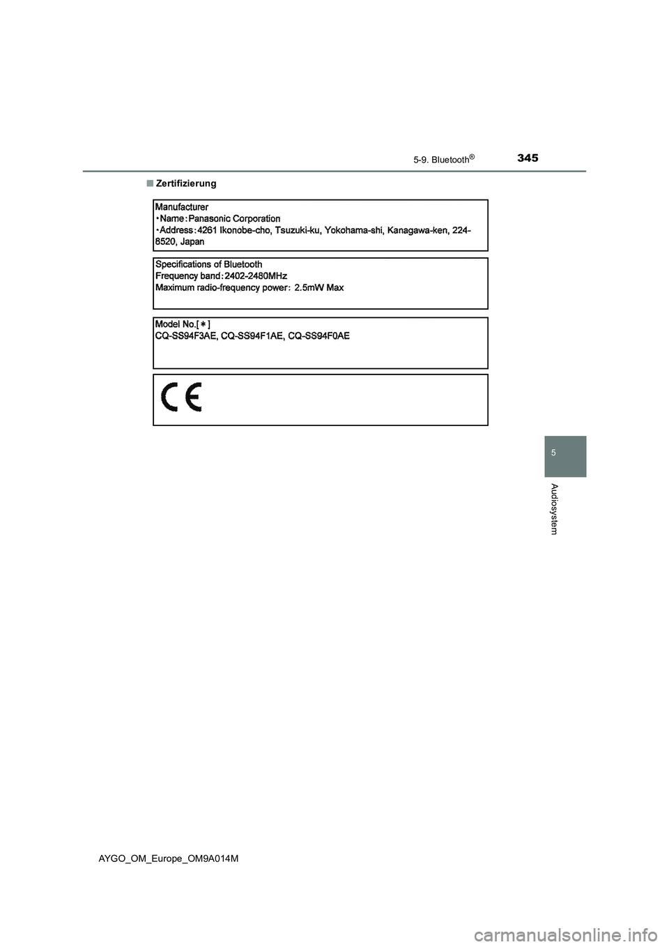 TOYOTA AYGO 2021  Betriebsanleitungen (in German) 3455-9. Bluetooth®
5
Audiosystem
AYGO_OM_Europe_OM9A014M■Zertifizierung 