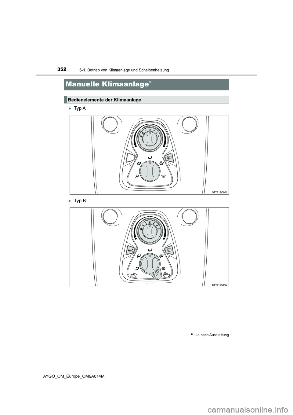 TOYOTA AYGO 2021  Betriebsanleitungen (in German) 3526-1. Betrieb von Klimaanlage und Scheibenheizung
AYGO_OM_Europe_OM9A014M
Manuelle Klimaanlage
Ty p  A
Ty p  B
: Je nach Ausstattung
Bedienelemente der Klimaanlage 