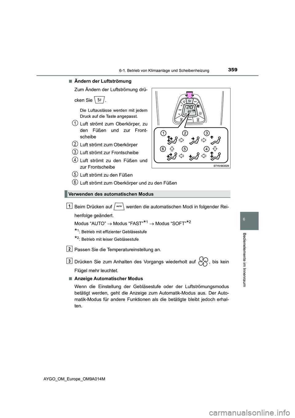 TOYOTA AYGO 2021  Betriebsanleitungen (in German) 3596-1. Betrieb von Klimaanlage und Scheibenheizung
6
Bedienelemente im Innenraum
AYGO_OM_Europe_OM9A014M■
Ändern der Luftströmung
Zum Ändern der Luftströmung drü-
cken Sie  .
Die Luftauslässe