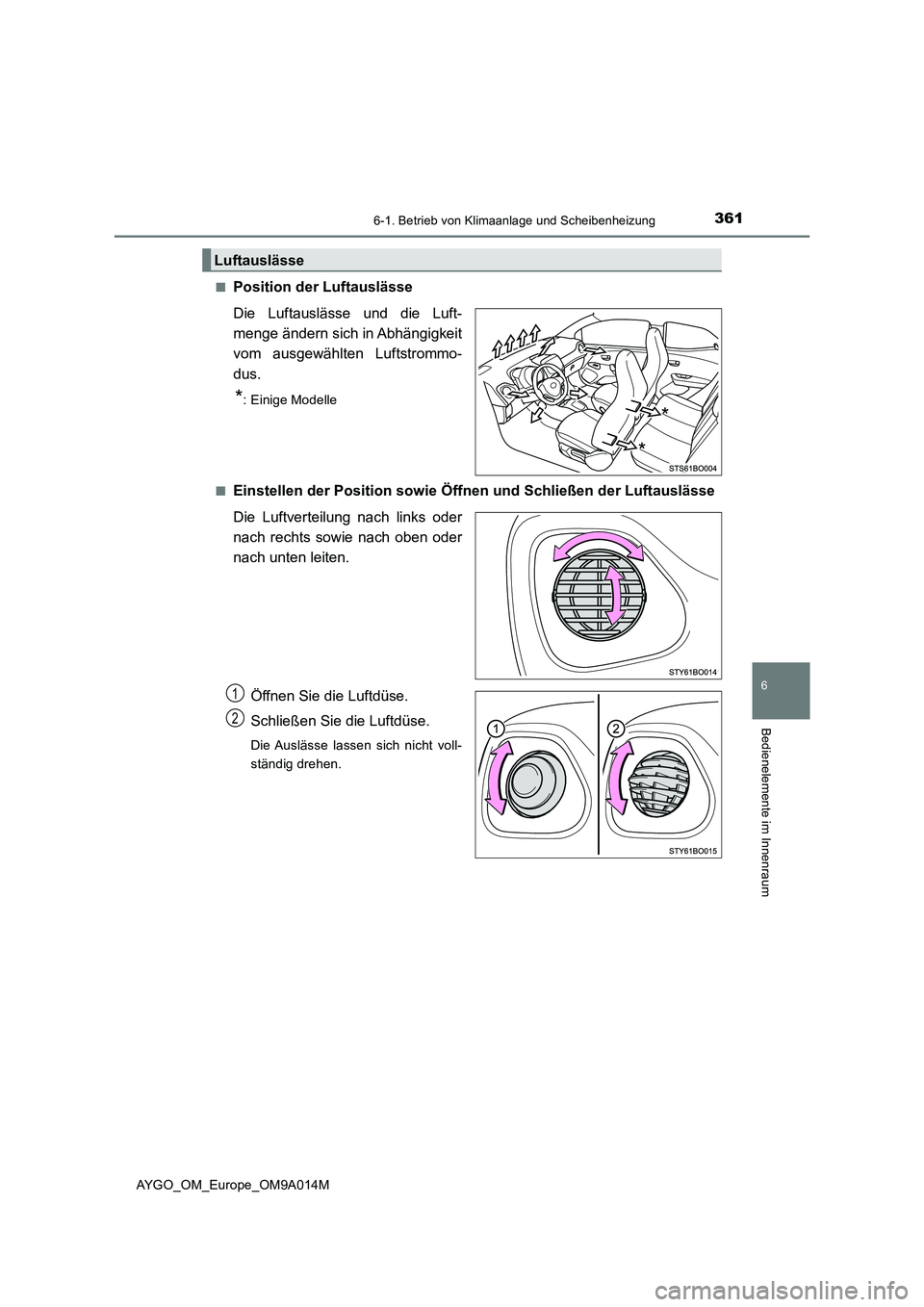 TOYOTA AYGO 2021  Betriebsanleitungen (in German) 3616-1. Betrieb von Klimaanlage und Scheibenheizung
6
Bedienelemente im Innenraum
AYGO_OM_Europe_OM9A014M■
Position der Luftauslässe
Die Luftauslässe und die Luft-
menge ändern sich in Abhängigk
