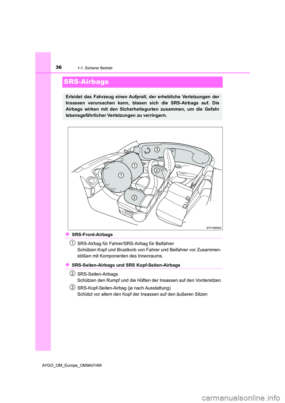TOYOTA AYGO 2021  Betriebsanleitungen (in German) 361-1. Sicherer Betrieb
AYGO_OM_Europe_OM9A014M
SRS-Airbags
◆SRS-Front-Airbags 
SRS-Airbag für Fahrer /SRS-Airbag für Beifahrer 
Schützen Kopf und Brustkorb von Fahrer und Beifahrer vor Zusammen-