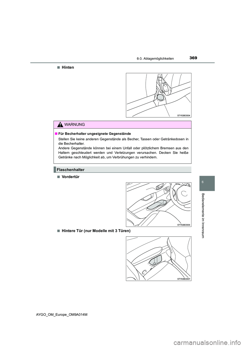 TOYOTA AYGO 2021  Betriebsanleitungen (in German) 3696-3. Ablagemöglichkeiten
6
Bedienelemente im Innenraum
AYGO_OM_Europe_OM9A014M 
■Hinten
■Vo r d e r t ü r
■Hintere Tür (nur Modelle mit 3 Türen)
WARNUNG
■ Für Becherhalter ungeeignete 