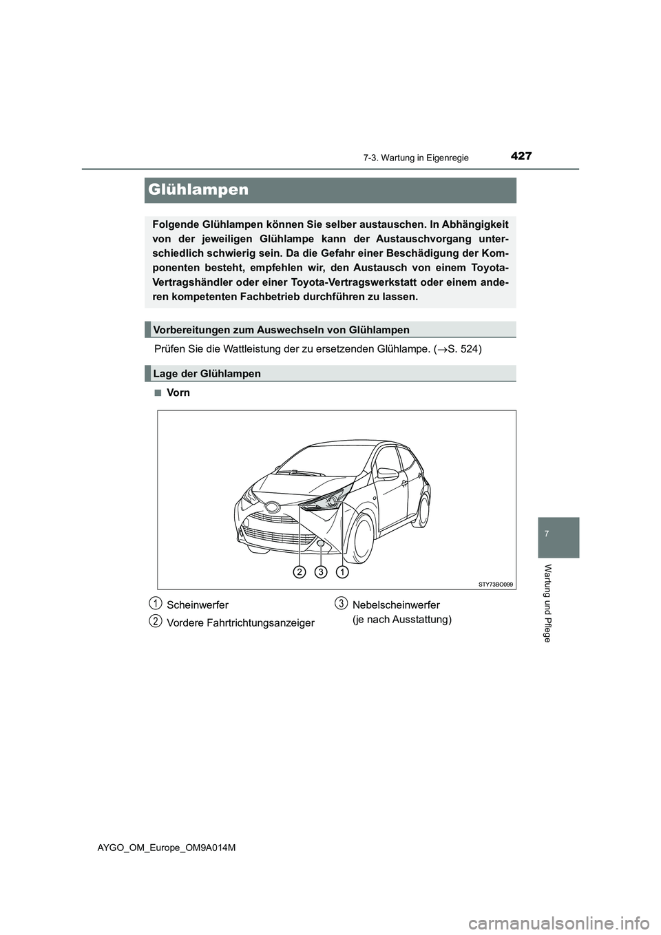 TOYOTA AYGO 2021  Betriebsanleitungen (in German) 4277-3. Wartung in Eigenregie
7
Wartung und Pflege
AYGO_OM_Europe_OM9A014M
Glühlampen
Prüfen Sie die Wattleistung der zu ersetzenden Glühlampe. (S. 524)
■Vo r n
Folgende Glühlampen können Si