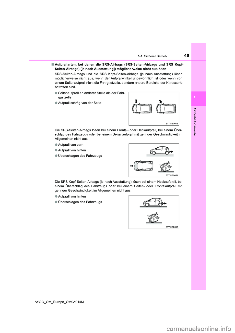 TOYOTA AYGO 2021  Betriebsanleitungen (in German) 451-1. Sicherer Betrieb
1
Sicherheitshinweise
AYGO_OM_Europe_OM9A014M 
■ Aufprallarten, bei denen die SRS-Airbags (SRS-Seiten-Airbags und SRS Kopf- 
Seiten-Airbags) [je nach Ausstattung]) möglicher
