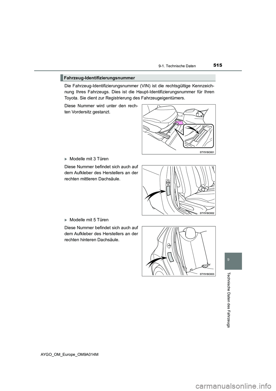 TOYOTA AYGO 2021 Betriebsanleitungen (in German) 5159-1. Technische Daten
9
Technische Daten des Fahrzeugs
AYGO_OM_Europe_OM9A014M
Die Fahrzeug-Identifizierungsnummer (VIN) ist die rechtsgültige Kennzeich-
nung Ihres Fahrzeugs. Dies ist die Haupt-I TOYOTA AYGO 2021 Betriebsanleitungen (in German) 5159-1. Technische Daten
9
Technische Daten des Fahrzeugs
AYGO_OM_Europe_OM9A014M
Die Fahrzeug-Identifizierungsnummer (VIN) ist die rechtsgültige Kennzeich-
nung Ihres Fahrzeugs. Dies ist die Haupt-I