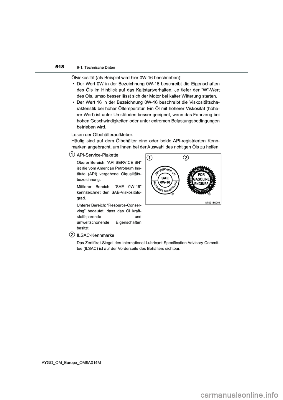 TOYOTA AYGO 2021 Betriebsanleitungen (in German) 5189-1. Technische Daten
AYGO_OM_Europe_OM9A014M
Ölviskosität (als Beispiel wird hier 0W-16 beschrieben):
• Der Wert 0W in der Bezeichnung 0W-16 beschreibt die Eigenschaften
des Öls im Hinblick a TOYOTA AYGO 2021 Betriebsanleitungen (in German) 5189-1. Technische Daten
AYGO_OM_Europe_OM9A014M
Ölviskosität (als Beispiel wird hier 0W-16 beschrieben):
• Der Wert 0W in der Bezeichnung 0W-16 beschreibt die Eigenschaften
des Öls im Hinblick a