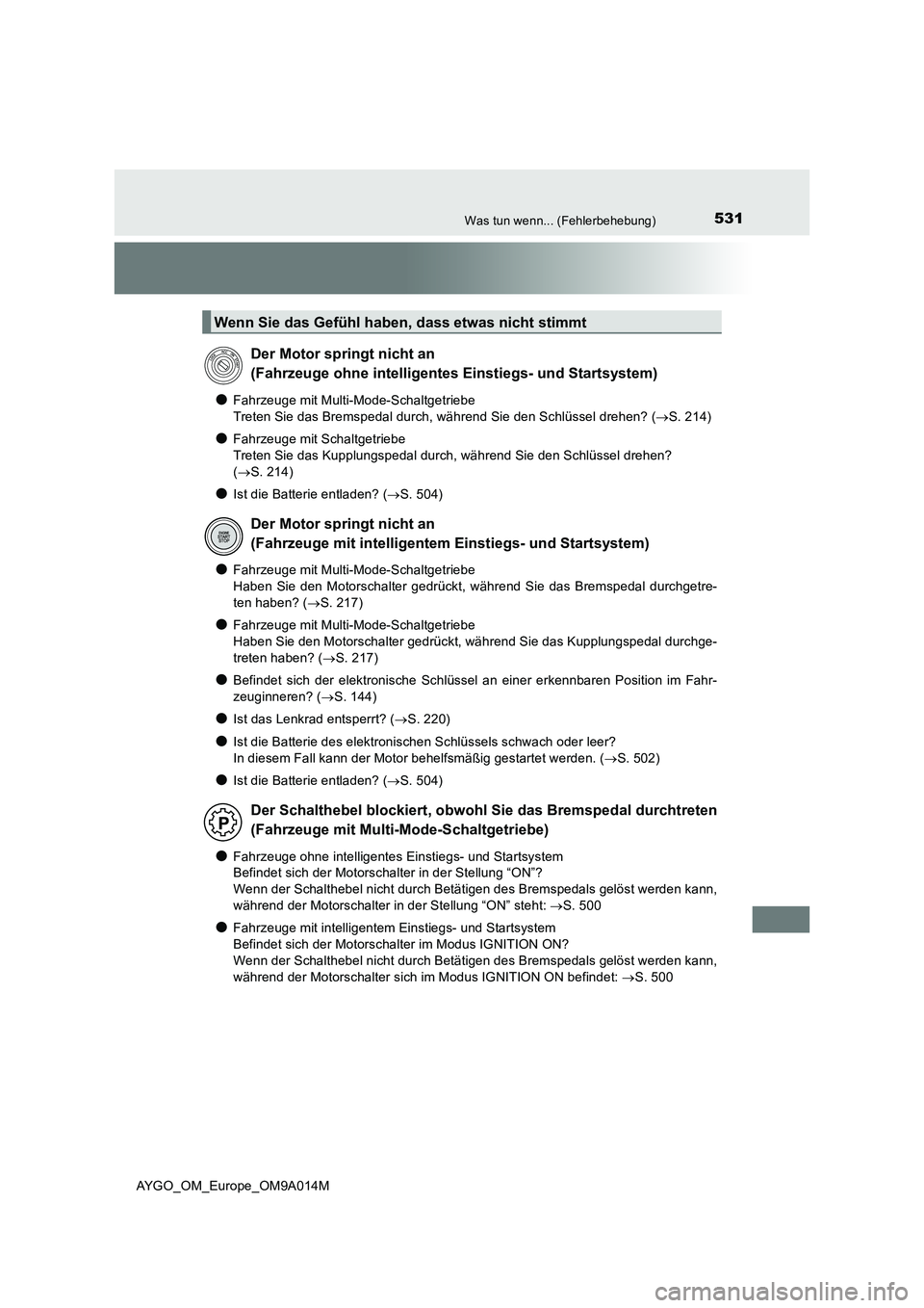 TOYOTA AYGO 2021 Betriebsanleitungen (in German) 531Was tun wenn... (Fehlerbehebung)
AYGO_OM_Europe_OM9A014M
●Fahrzeuge mit Multi-Mode-Schaltgetriebe
Treten Sie das Bremspedal durch, während Sie den Schlüssel drehen? ( S. 214)
●Fahrzeuge m TOYOTA AYGO 2021 Betriebsanleitungen (in German) 531Was tun wenn... (Fehlerbehebung)
AYGO_OM_Europe_OM9A014M
●Fahrzeuge mit Multi-Mode-Schaltgetriebe
Treten Sie das Bremspedal durch, während Sie den Schlüssel drehen? ( S. 214)
●Fahrzeuge m