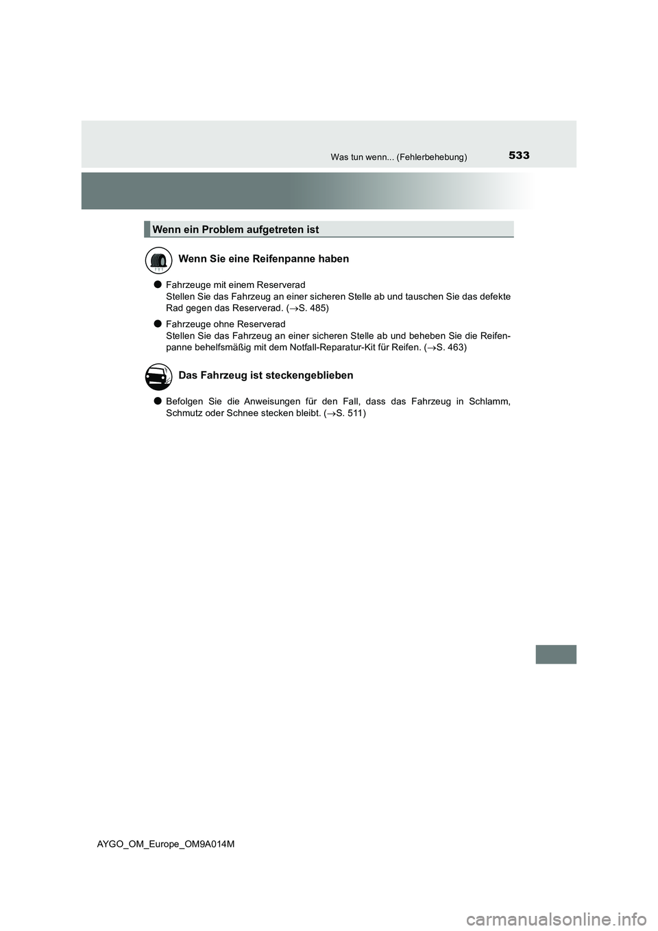 TOYOTA AYGO 2021 Betriebsanleitungen (in German) 533Was tun wenn... (Fehlerbehebung)
AYGO_OM_Europe_OM9A014M
●Fahrzeuge mit einem Reserverad
Stellen Sie das Fahrzeug an einer sicheren Stelle ab und tauschen Sie das defekte
Rad gegen das Reservera TOYOTA AYGO 2021 Betriebsanleitungen (in German) 533Was tun wenn... (Fehlerbehebung)
AYGO_OM_Europe_OM9A014M
●Fahrzeuge mit einem Reserverad
Stellen Sie das Fahrzeug an einer sicheren Stelle ab und tauschen Sie das defekte
Rad gegen das Reservera