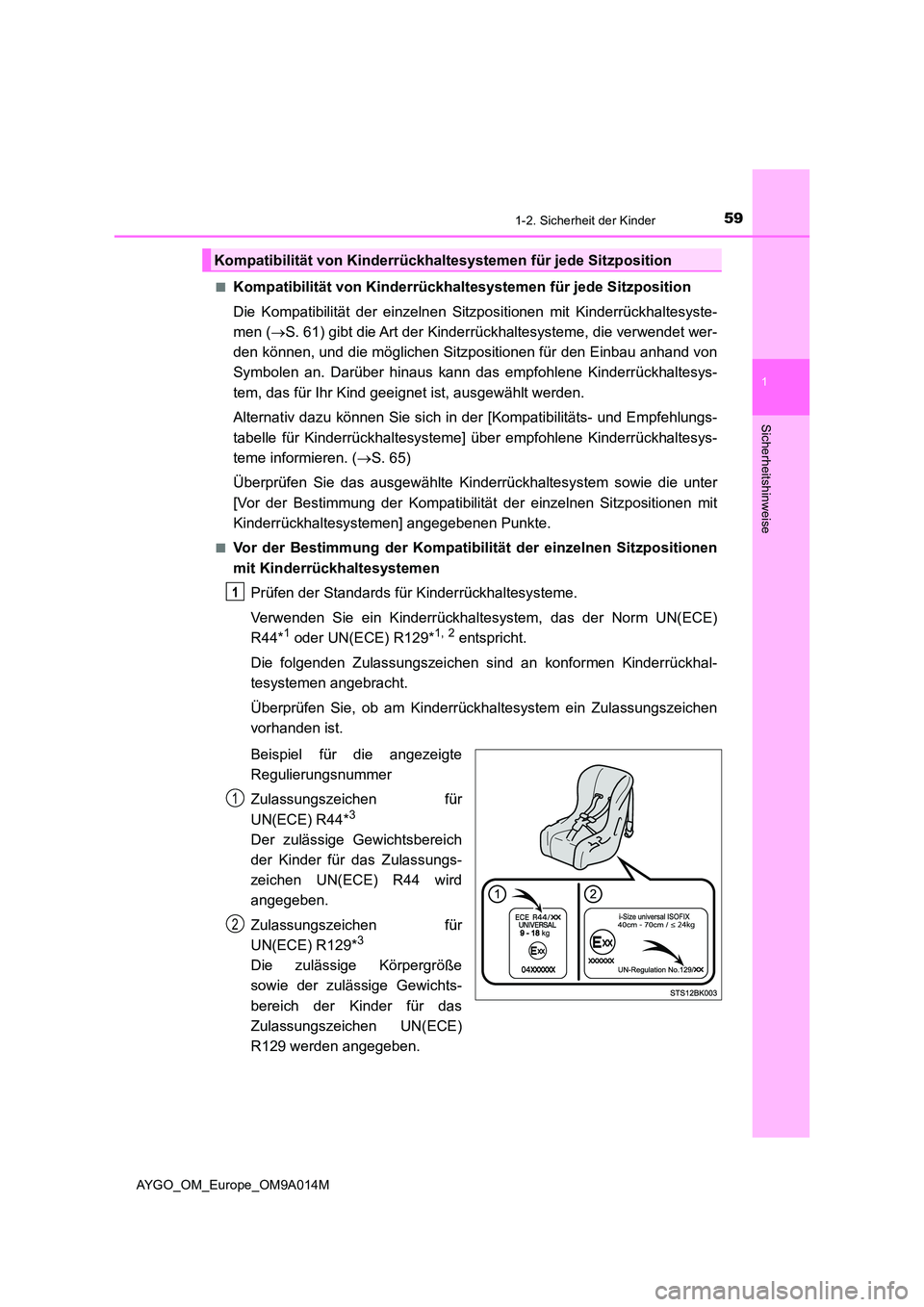 TOYOTA AYGO 2021 Betriebsanleitungen (in German) 591-2. Sicherheit der Kinder
1
Sicherheitshinweise
AYGO_OM_Europe_OM9A014M
■Kompatibilität von Kinderrückhalt esystemen für jede Sitzposition
Die Kompatibilität der einzelnen Sitzpositionen mi TOYOTA AYGO 2021 Betriebsanleitungen (in German) 591-2. Sicherheit der Kinder
1
Sicherheitshinweise
AYGO_OM_Europe_OM9A014M
■Kompatibilität von Kinderrückhalt esystemen für jede Sitzposition
Die Kompatibilität der einzelnen Sitzpositionen mi