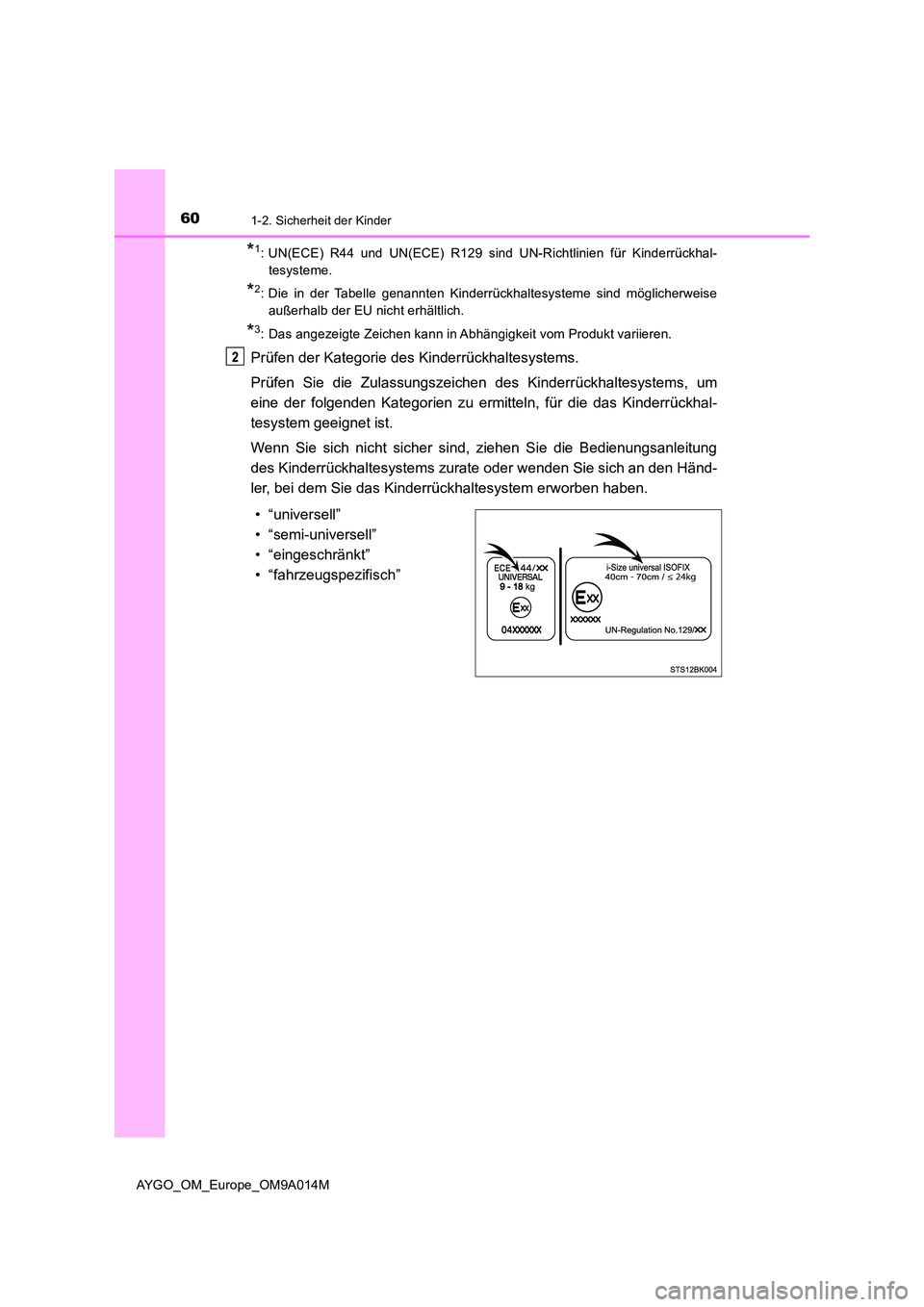 TOYOTA AYGO 2021 Betriebsanleitungen (in German) 601-2. Sicherheit der Kinder
AYGO_OM_Europe_OM9A014M
*1: UN(ECE) R44 und UN(ECE) R129 sind UN-Richtlinien für Kinderrückhal-
tesysteme.
*2: Die in der Tabelle genannten Kinderrückhaltesysteme sind TOYOTA AYGO 2021 Betriebsanleitungen (in German) 601-2. Sicherheit der Kinder
AYGO_OM_Europe_OM9A014M
*1: UN(ECE) R44 und UN(ECE) R129 sind UN-Richtlinien für Kinderrückhal-
tesysteme.
*2: Die in der Tabelle genannten Kinderrückhaltesysteme sind