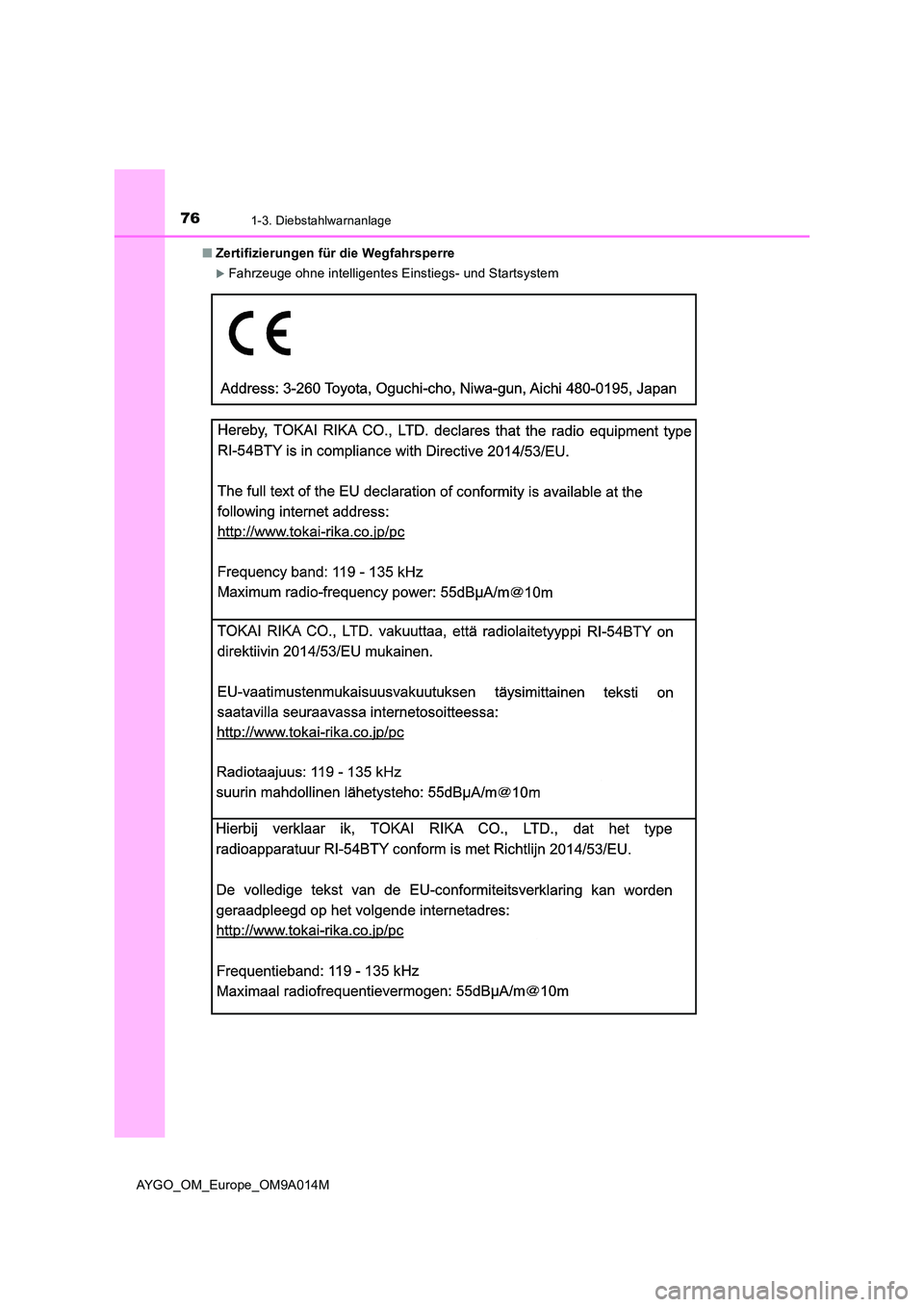 TOYOTA AYGO 2021 Betriebsanleitungen (in German) 761-3. Diebstahlwarnanlage
AYGO_OM_Europe_OM9A014M
■ Zertifizierungen für die Wegfahrsperre
Fahrzeuge ohne intelligentes Einstiegs- und Startsystem TOYOTA AYGO 2021 Betriebsanleitungen (in German) 761-3. Diebstahlwarnanlage
AYGO_OM_Europe_OM9A014M
■ Zertifizierungen für die Wegfahrsperre
Fahrzeuge ohne intelligentes Einstiegs- und Startsystem