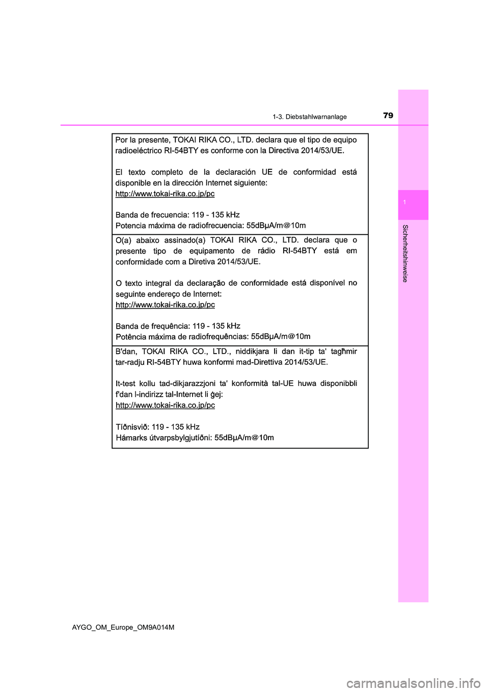 TOYOTA AYGO 2021  Betriebsanleitungen (in German) 791-3. Diebstahlwarnanlage
1
Sicherheitshinweise
AYGO_OM_Europe_OM9A014M 