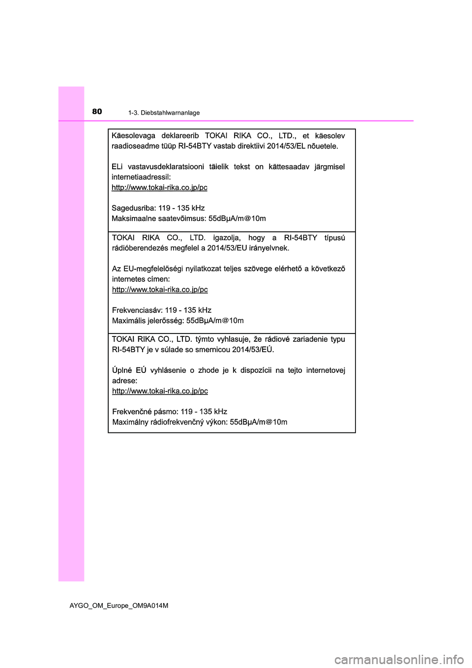 TOYOTA AYGO 2021  Betriebsanleitungen (in German) 801-3. Diebstahlwarnanlage
AYGO_OM_Europe_OM9A014M 
