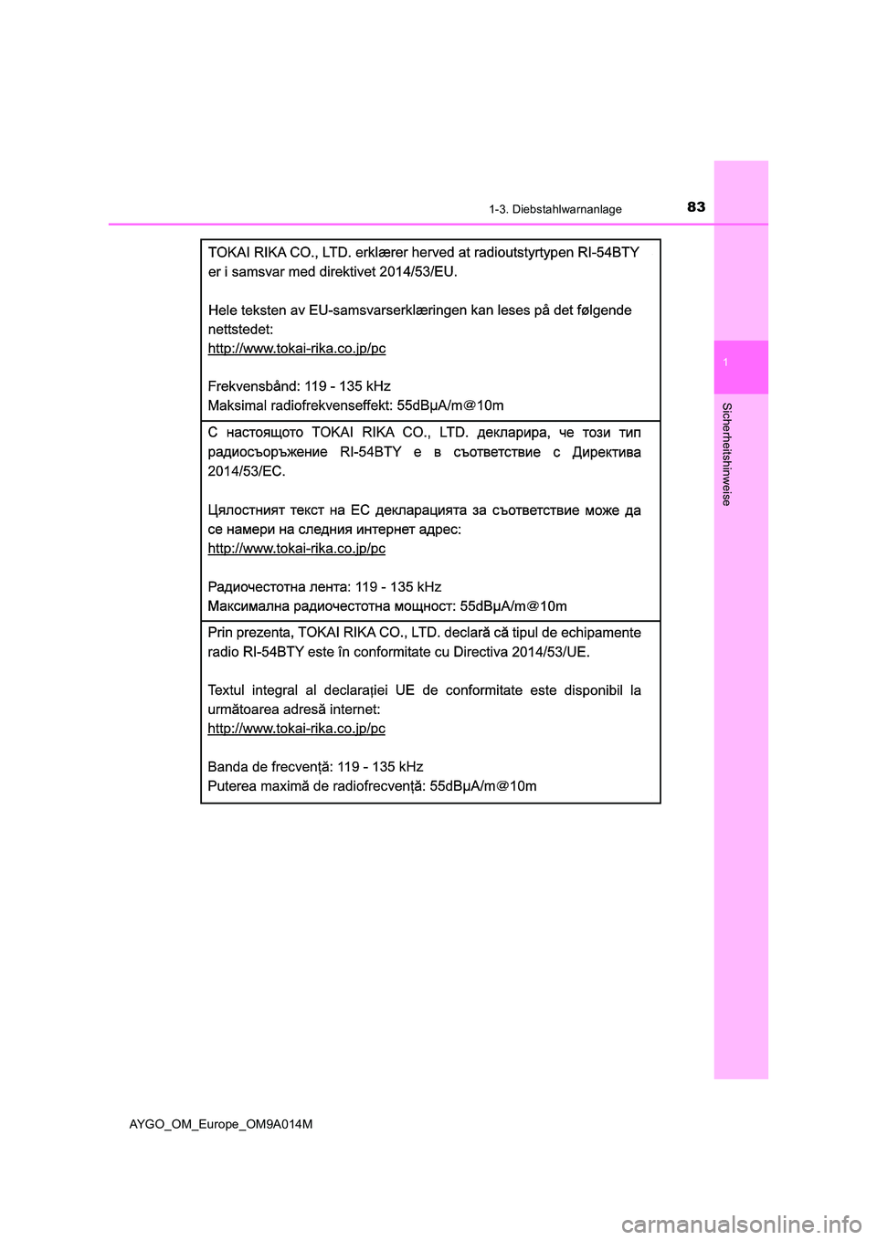 TOYOTA AYGO 2021  Betriebsanleitungen (in German) 831-3. Diebstahlwarnanlage
1
Sicherheitshinweise
AYGO_OM_Europe_OM9A014M 