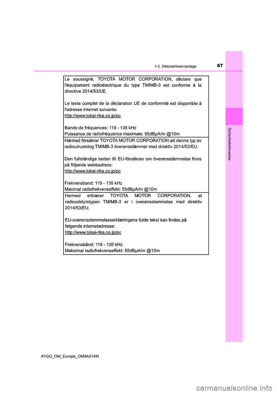 TOYOTA AYGO 2021  Betriebsanleitungen (in German) 871-3. Diebstahlwarnanlage
1
Sicherheitshinweise
AYGO_OM_Europe_OM9A014M 