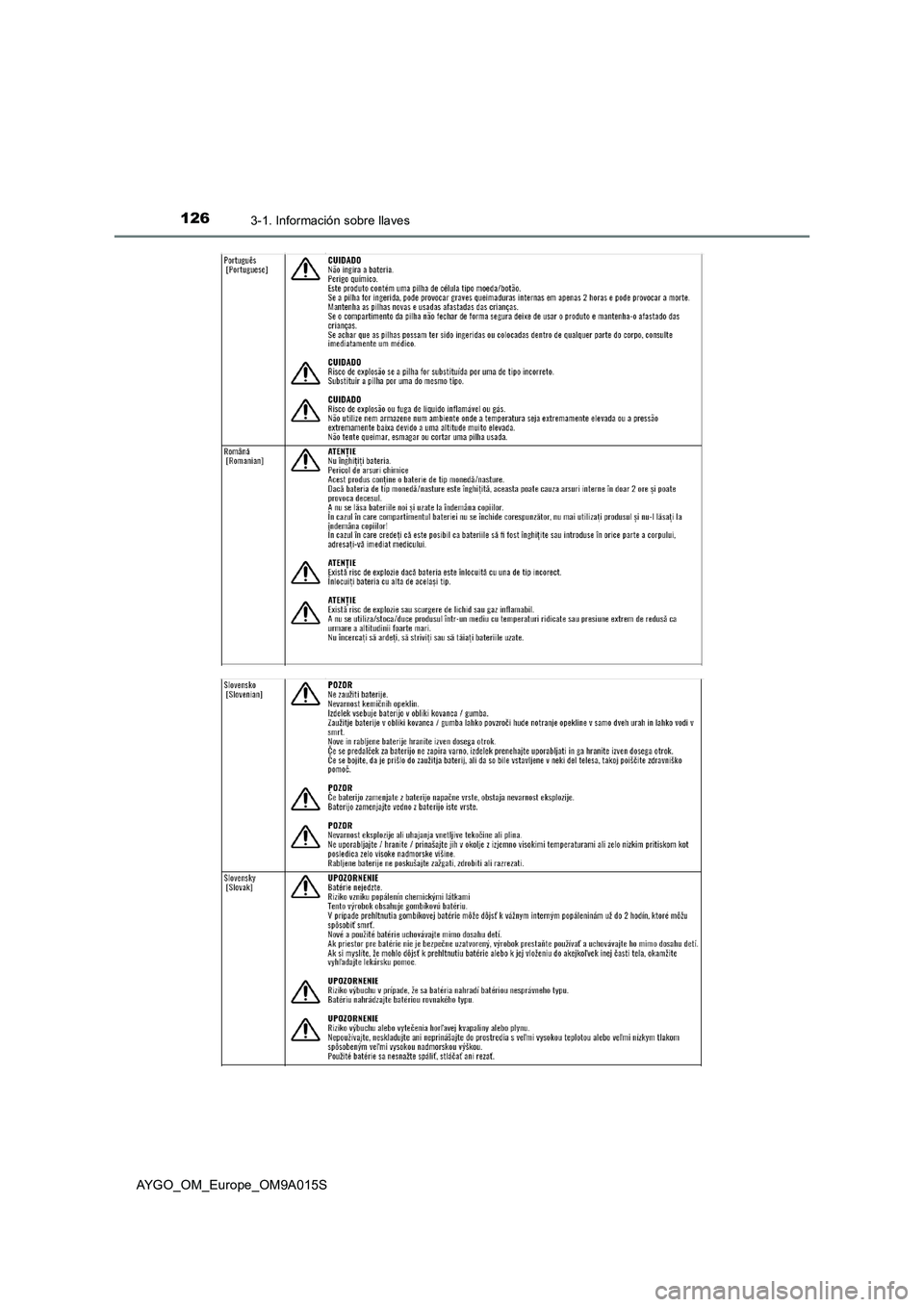 TOYOTA AYGO 2021  Manual del propietario (in Spanish) 1263-1. Información sobre llaves
AYGO_OM_Europe_OM9A015S 