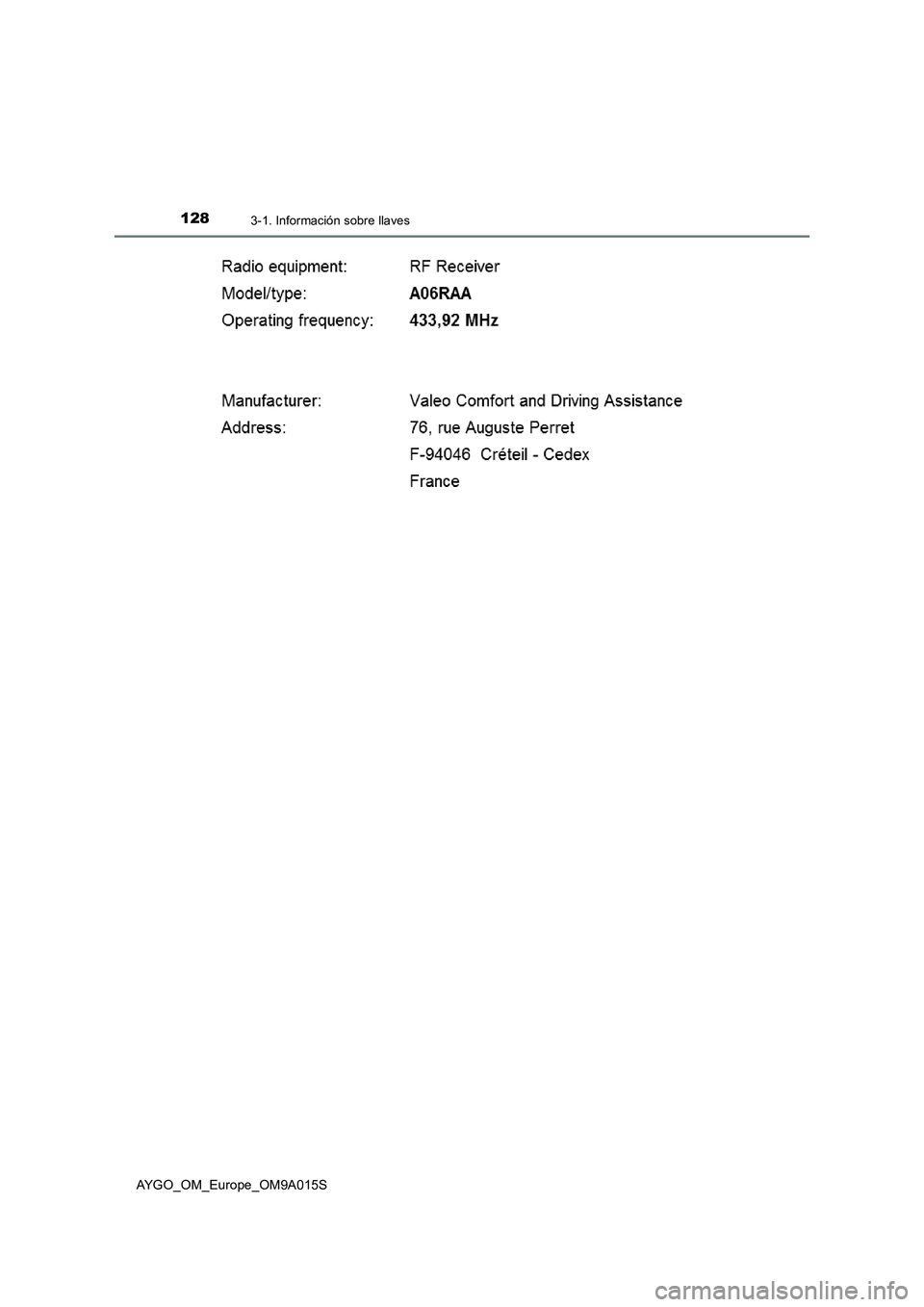TOYOTA AYGO 2021  Manual del propietario (in Spanish) 1283-1. Información sobre llaves
AYGO_OM_Europe_OM9A015S 