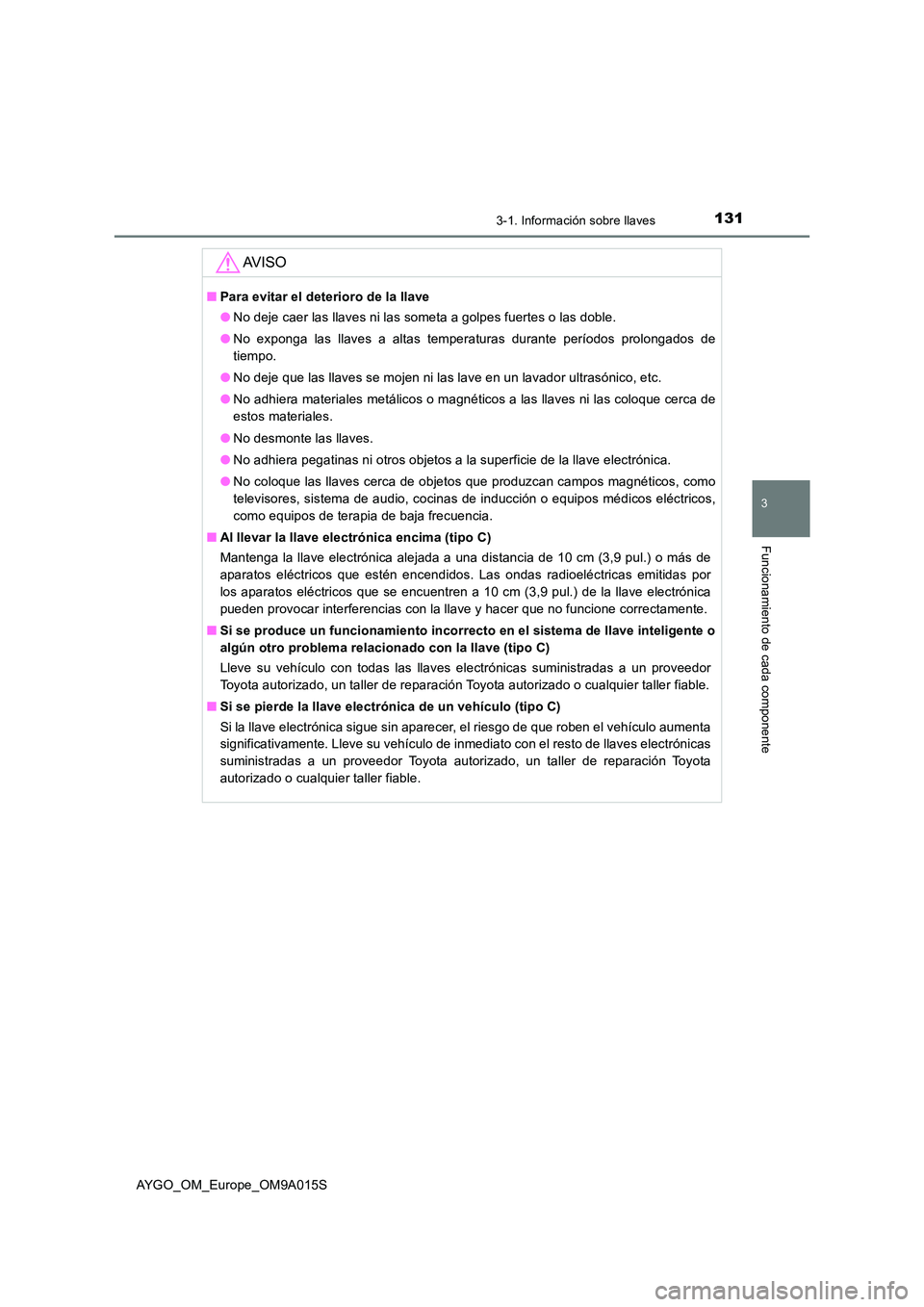 TOYOTA AYGO 2021  Manual del propietario (in Spanish) 1313-1. Información sobre llaves
3
Funcionamiento de cada componente
AYGO_OM_Europe_OM9A015S
AV I S O
■Para evitar el deterioro de la llave 
● No deje caer las llaves ni las someta a golpes fuert