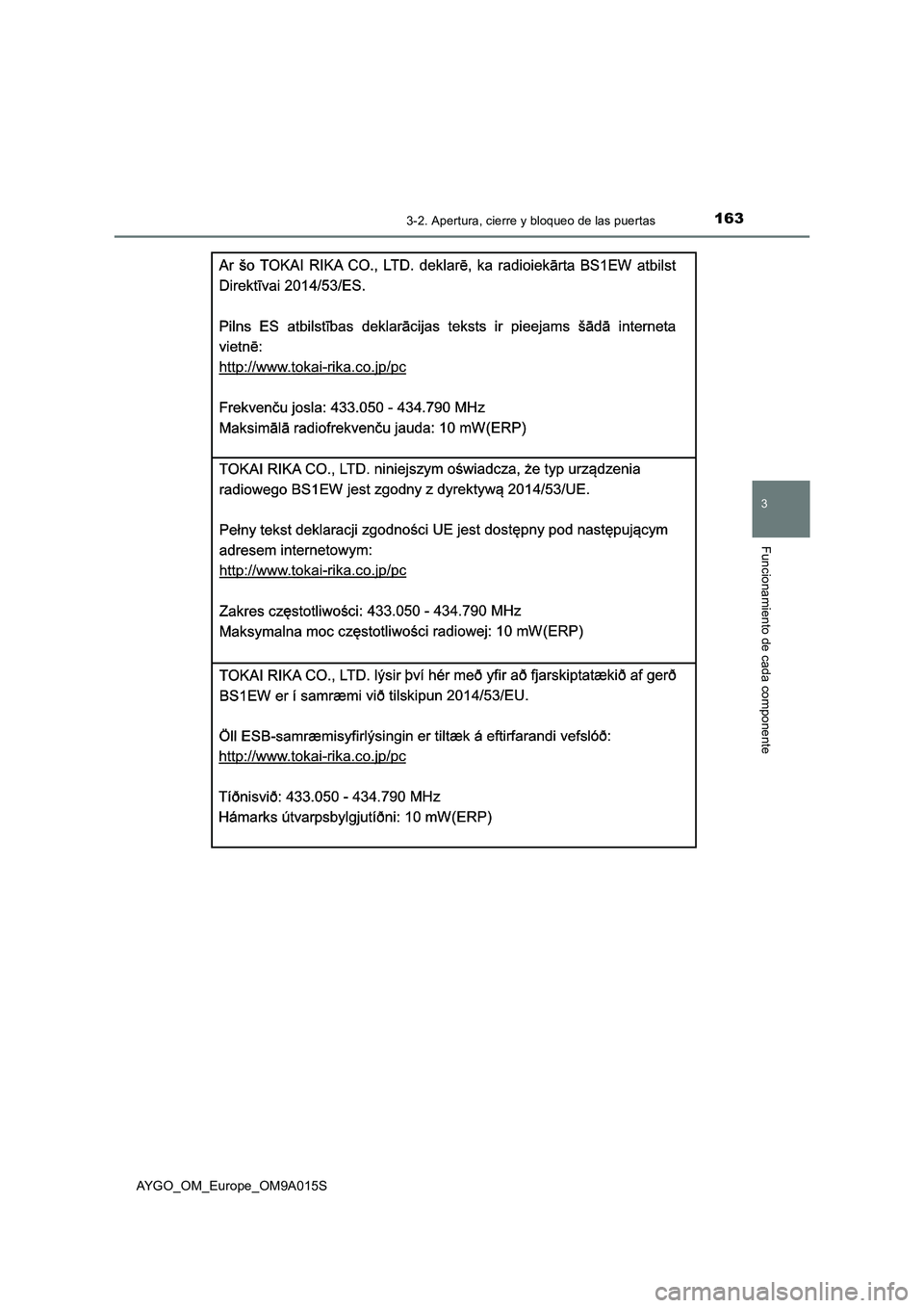 TOYOTA AYGO 2021  Manual del propietario (in Spanish) 1633-2. Apertura, cierre y bloqueo de las puertas
3
Funcionamiento de cada componente
AYGO_OM_Europe_OM9A015S 