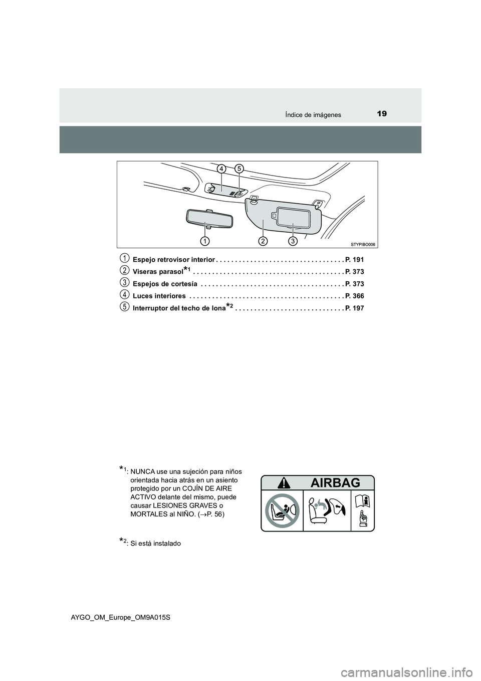 TOYOTA AYGO 2021 Manual del propietario (in Spanish) 19Índice de imágenes
AYGO_OM_Europe_OM9A015S
Espejo retrovisor interior . . . . . . . . . . . . . . . . . . . . . . . . . . . . . . . . . . P. 191
Viseras parasol*1 . . . . . . . . . . . . . . . . TOYOTA AYGO 2021 Manual del propietario (in Spanish) 19Índice de imágenes
AYGO_OM_Europe_OM9A015S
Espejo retrovisor interior . . . . . . . . . . . . . . . . . . . . . . . . . . . . . . . . . . P. 191
Viseras parasol*1 . . . . . . . . . . . . . . . .