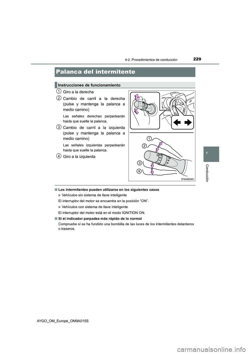 TOYOTA AYGO 2021  Manual del propietario (in Spanish) 229
4
4-2. Procedimientos de conducción
Conducción
AYGO_OM_Europe_OM9A015S
Palanca del intermitente
Giro a la derecha
Cambio de carril a la derecha
(pulse y mantenga la palanca a
medio camino)
Las s