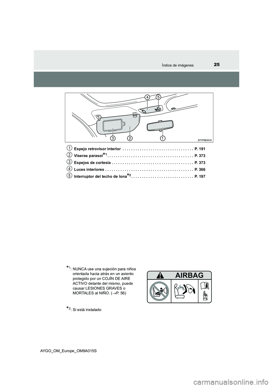 TOYOTA AYGO 2021 Manual del propietario (in Spanish) 25Índice de imágenes
AYGO_OM_Europe_OM9A015S
Espejo retrovisor interior . . . . . . . . . . . . . . . . . . . . . . . . . . . . . . . . . P. 191
Viseras parasol*1. . . . . . . . . . . . . . . . TOYOTA AYGO 2021 Manual del propietario (in Spanish) 25Índice de imágenes
AYGO_OM_Europe_OM9A015S
Espejo retrovisor interior . . . . . . . . . . . . . . . . . . . . . . . . . . . . . . . . . P. 191
Viseras parasol*1. . . . . . . . . . . . . . . .