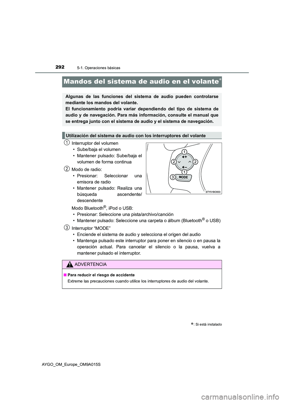 TOYOTA AYGO 2021  Manual del propietario (in Spanish) 2925-1. Operaciones básicas
AYGO_OM_Europe_OM9A015S
Mandos del sistema de audio en el volante
Interruptor del volumen 
• Sube/baja el volumen 
• Mantener pulsado: Sube/baja el 
volumen de form