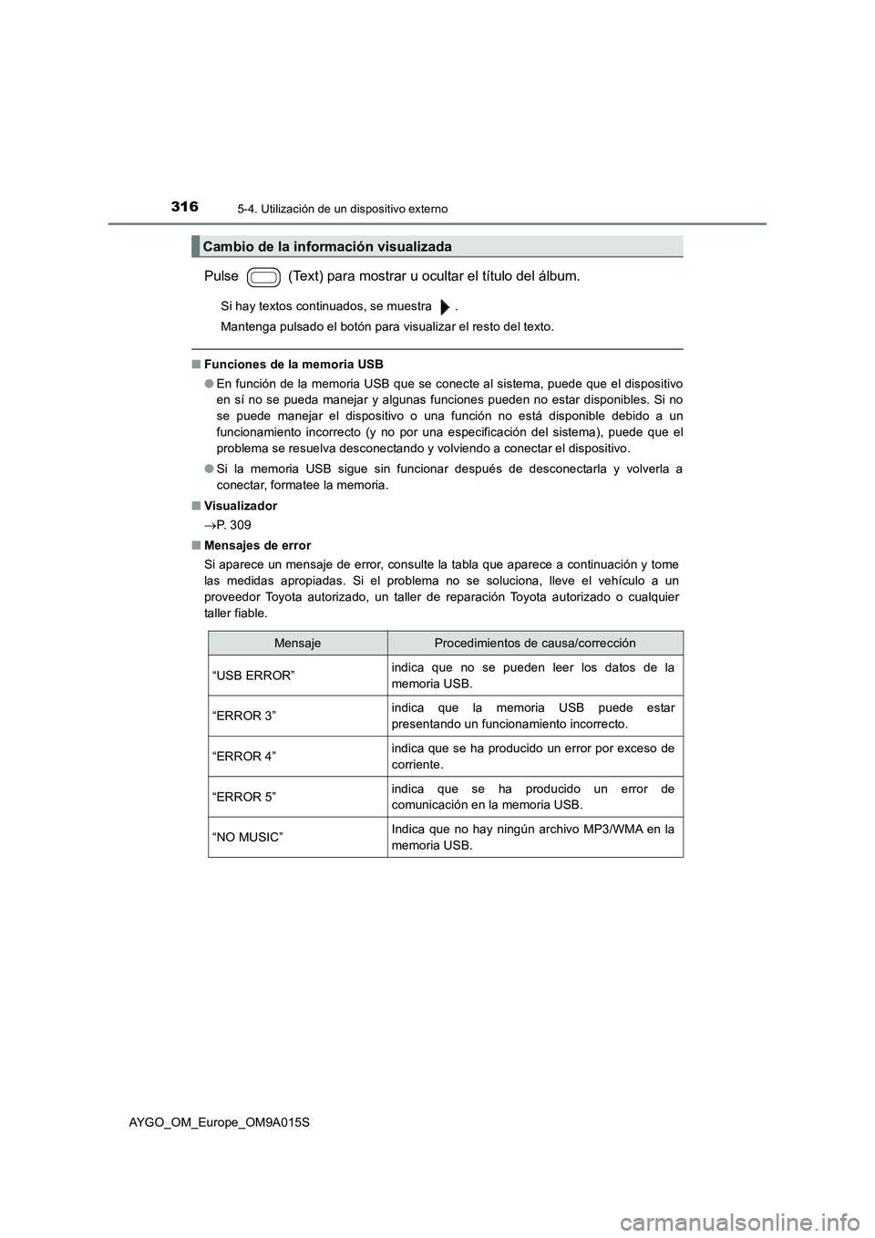 TOYOTA AYGO 2021  Manual del propietario (in Spanish) 3165-4. Utilización de un dispositivo externo
AYGO_OM_Europe_OM9A015S
Pulse   (Text) para mostrar u ocultar el título del álbum.
Si hay textos continuados, se muestra  .
Mantenga pulsado el botón 