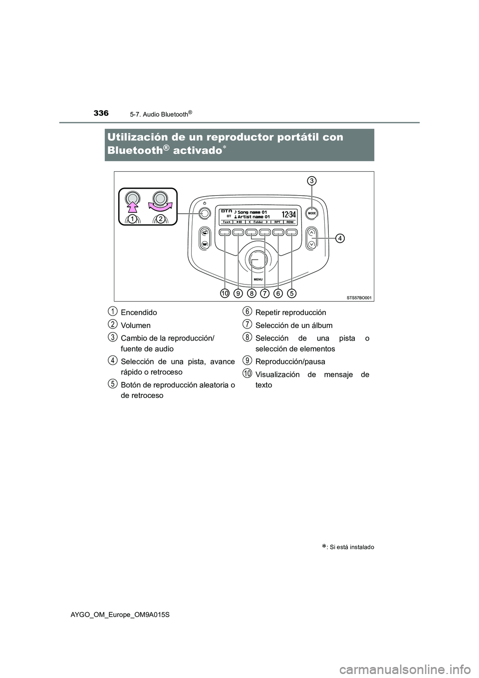 TOYOTA AYGO 2021  Manual del propietario (in Spanish) 3365-7. Audio Bluetooth®
AYGO_OM_Europe_OM9A015S
Utilización de un reproductor portátil con 
Bluetooth
® activado
: Si está instalado
Encendido
Volumen
Cambio de la reproducción/
fuente de