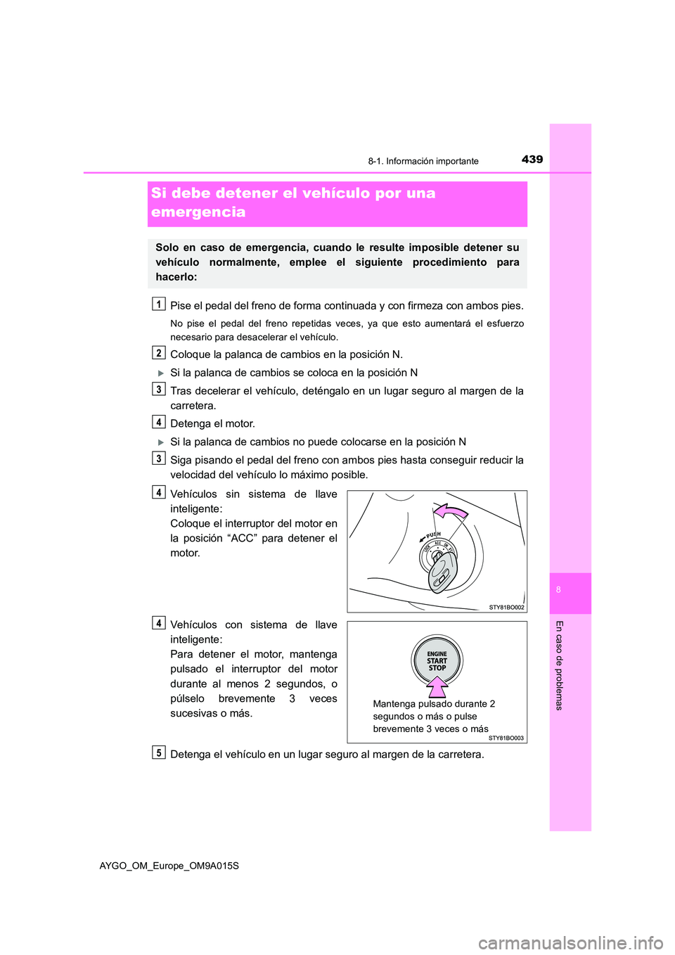 TOYOTA AYGO 2021  Manual del propietario (in Spanish) 4398-1. Información importante
8
En caso de problemas
AYGO_OM_Europe_OM9A015S
Si debe detener el vehículo por una  
emergencia
Pise el pedal del freno de forma cont inuada y con firmeza con ambos pi