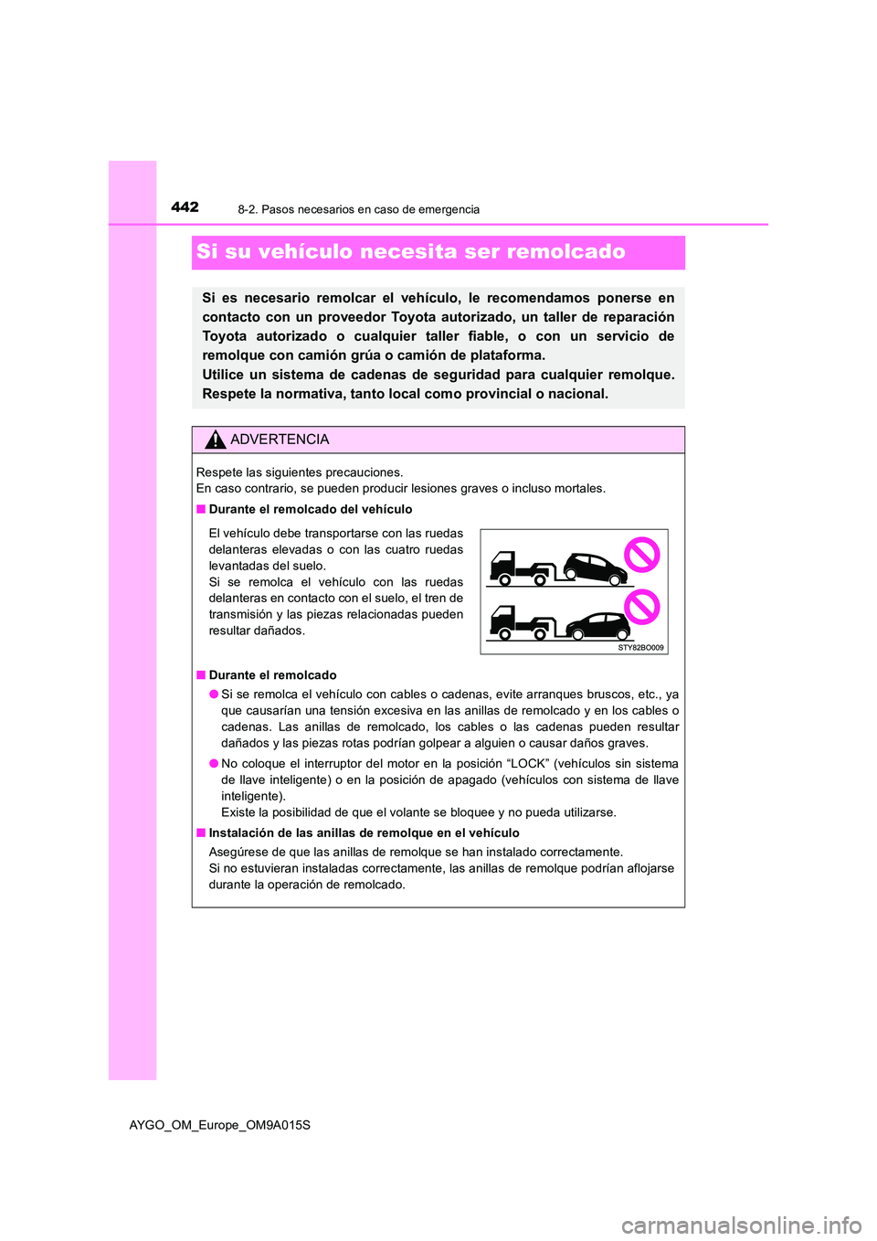 TOYOTA AYGO 2021  Manual del propietario (in Spanish) 4428-2. Pasos necesarios en caso de emergencia
AYGO_OM_Europe_OM9A015S
Si su vehículo necesita ser remolcado
Si es necesario remolcar el vehículo, le recomendamos ponerse en 
contacto con un proveed