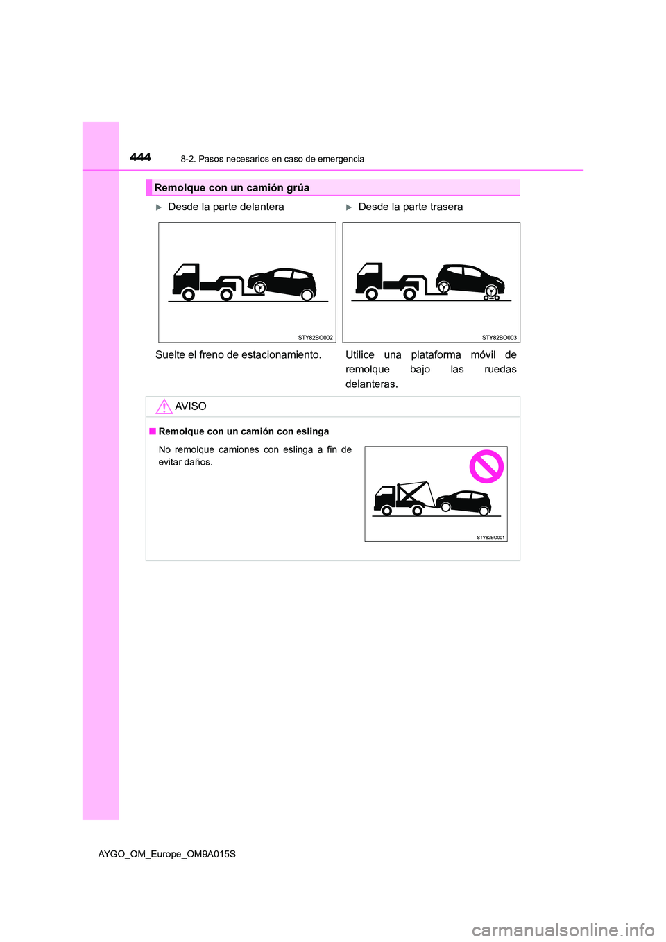 TOYOTA AYGO 2021  Manual del propietario (in Spanish) 4448-2. Pasos necesarios en caso de emergencia
AYGO_OM_Europe_OM9A015S
Remolque con un camión grúa
Desde la parte delanteraDesde la parte trasera 
Suelte el freno de estacionamiento. Utilice  