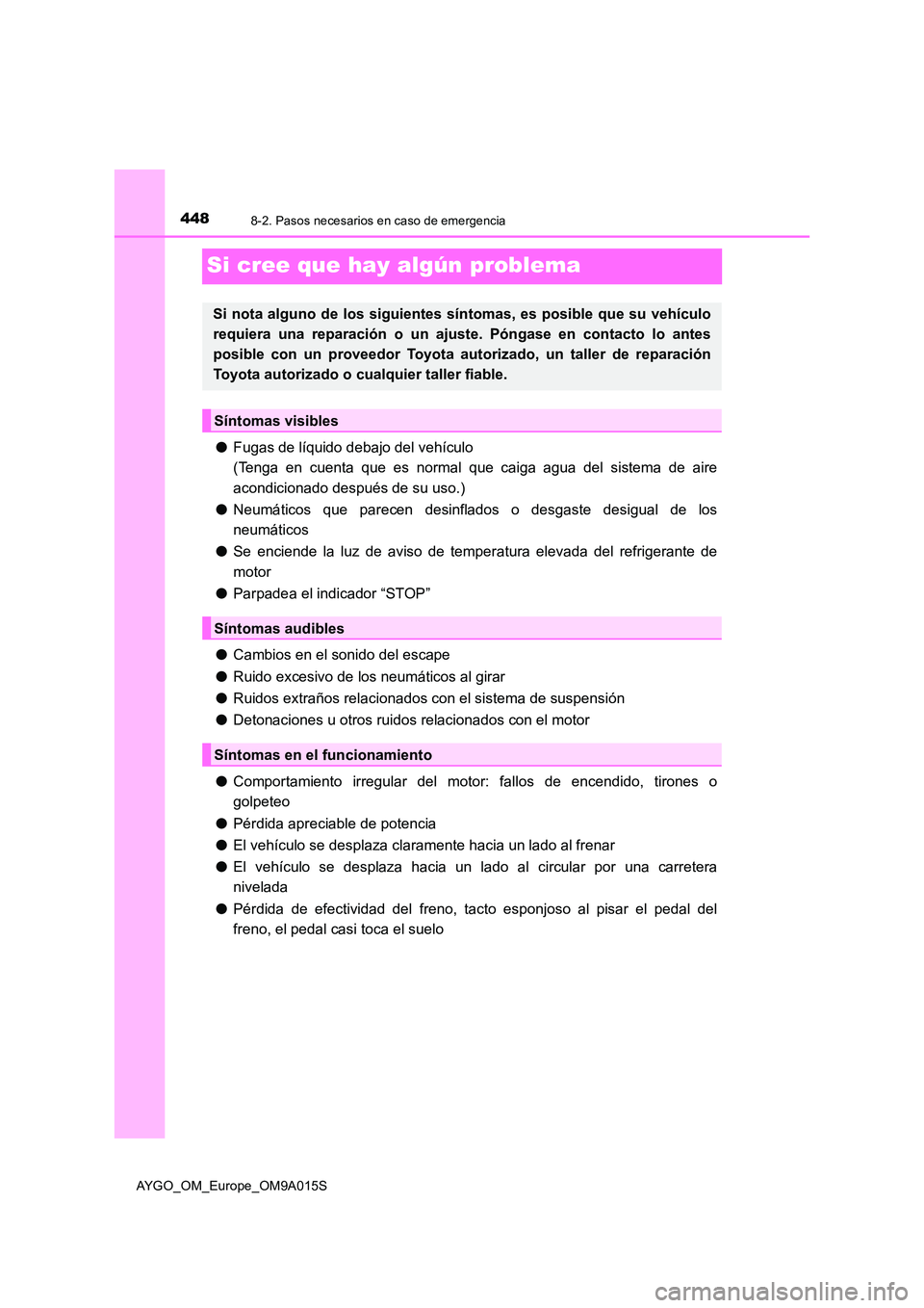TOYOTA AYGO 2021  Manual del propietario (in Spanish) 4488-2. Pasos necesarios en caso de emergencia
AYGO_OM_Europe_OM9A015S
Si cree que hay algún problema
●Fugas de líquido debajo del vehículo 
(Tenga en cuenta que es normal que caiga agua del sist