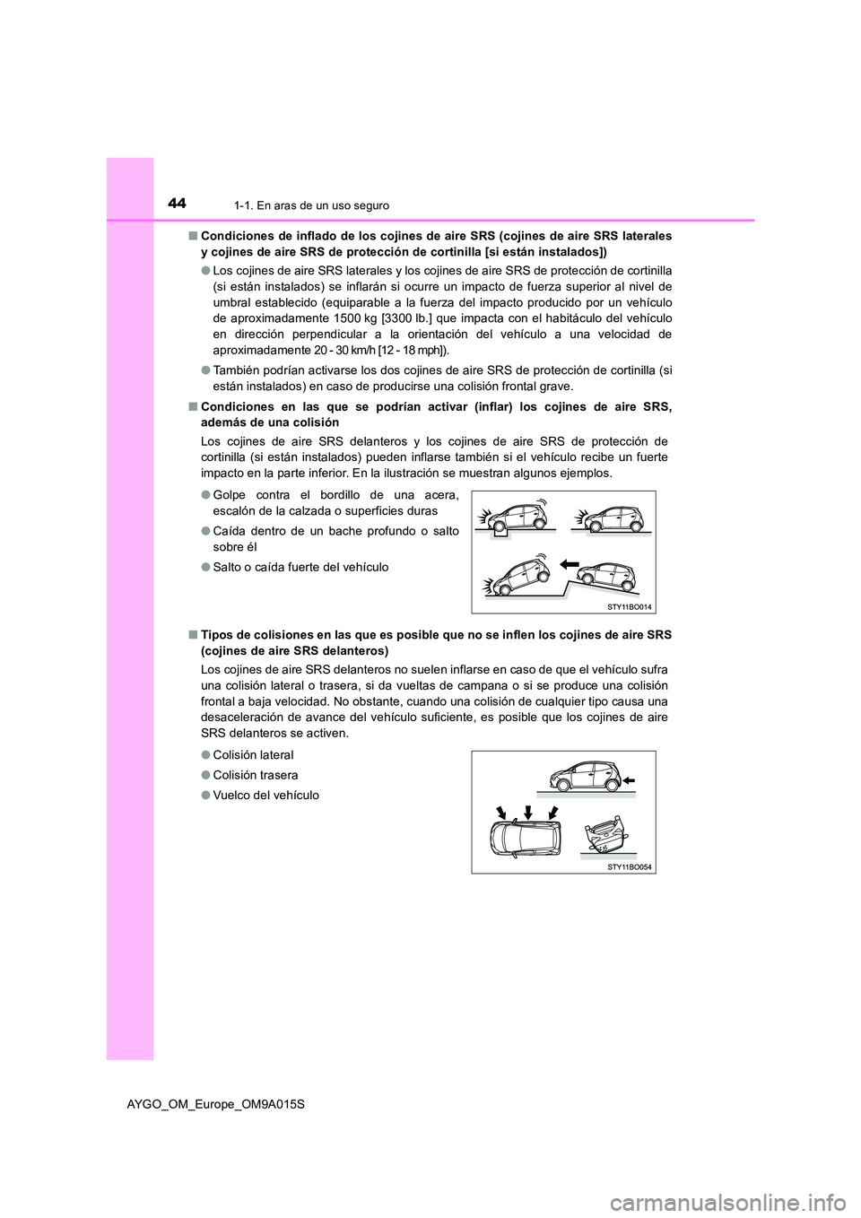 TOYOTA AYGO 2021 Manual del propietario (in Spanish) 441-1. En aras de un uso seguro
AYGO_OM_Europe_OM9A015S
■ Condiciones de inflado de los cojines de aire SRS (cojines de aire SRS laterales
y cojines de aire SRS de protección de cortinilla [si es TOYOTA AYGO 2021 Manual del propietario (in Spanish) 441-1. En aras de un uso seguro
AYGO_OM_Europe_OM9A015S
■ Condiciones de inflado de los cojines de aire SRS (cojines de aire SRS laterales
y cojines de aire SRS de protección de cortinilla [si es