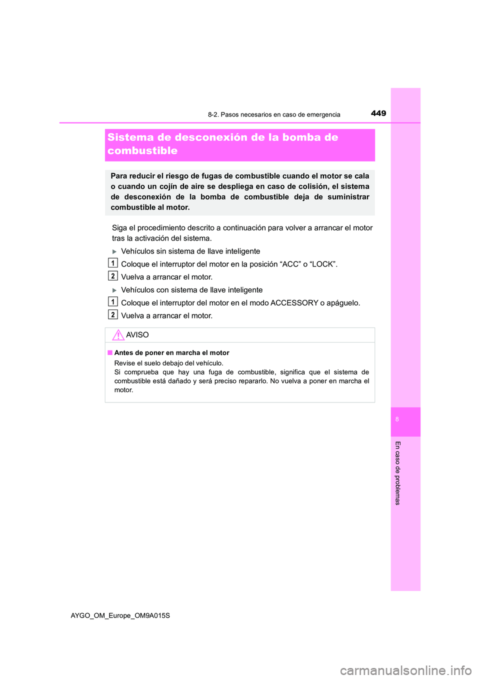 TOYOTA AYGO 2021  Manual del propietario (in Spanish) 4498-2. Pasos necesarios en caso de emergencia
8
En caso de problemas
AYGO_OM_Europe_OM9A015S
Sistema de desconexión de la bomba de  
combustible
Siga el procedimiento descrito a continuac ión para 