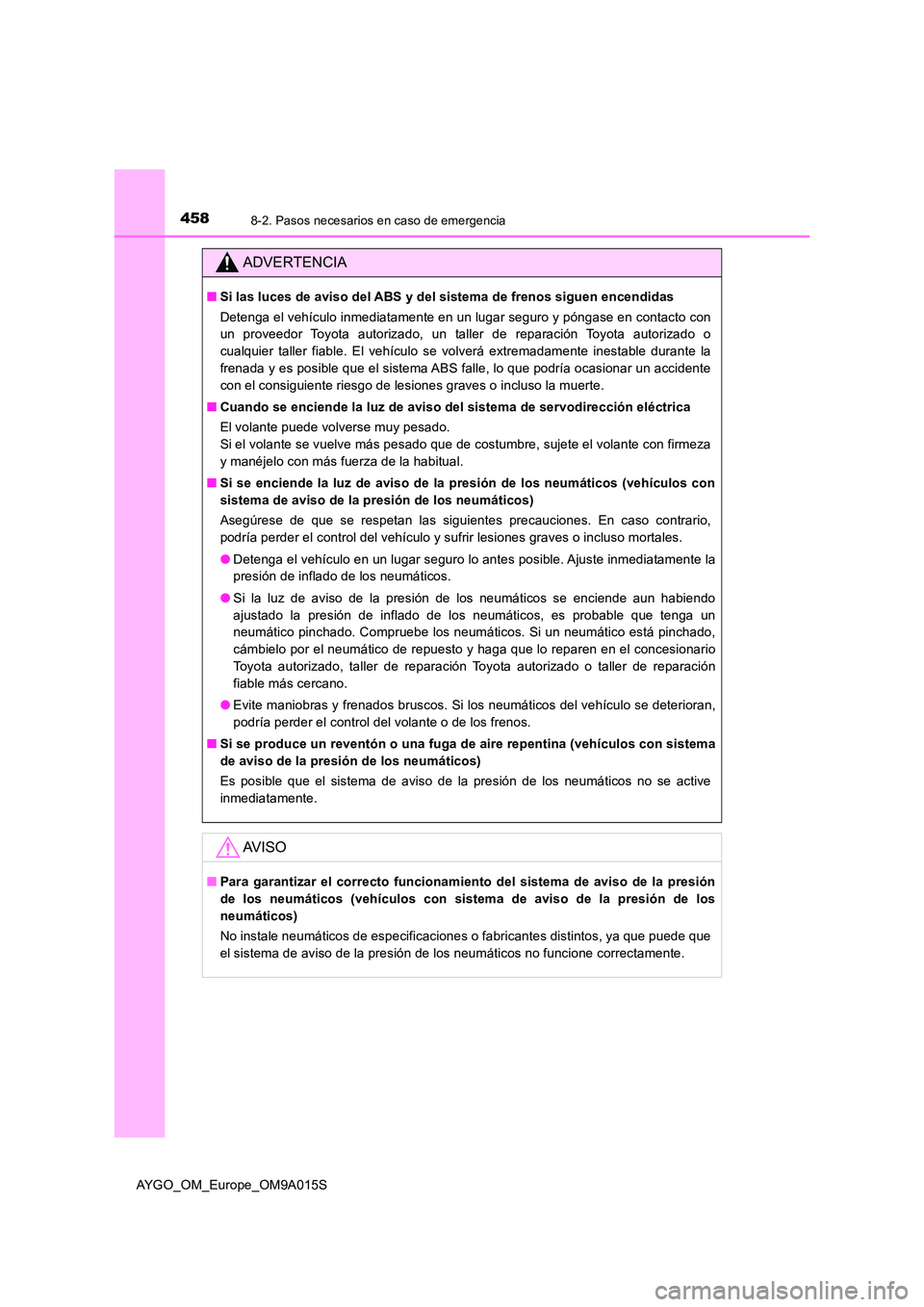 TOYOTA AYGO 2021  Manual del propietario (in Spanish) 4588-2. Pasos necesarios en caso de emergencia
AYGO_OM_Europe_OM9A015S
ADVERTENCIA
■Si las luces de aviso del ABS y del sistema de frenos siguen encendidas 
Detenga el vehículo inmediatamente en un