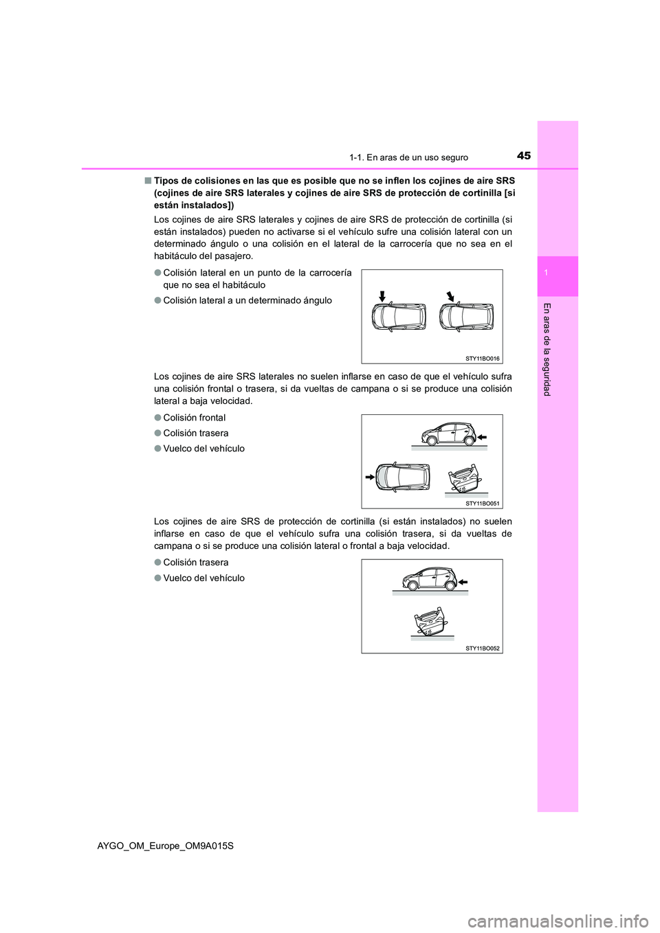 TOYOTA AYGO 2021 Manual del propietario (in Spanish) 451-1. En aras de un uso seguro
1
En aras de la seguridad
AYGO_OM_Europe_OM9A015S
■ Tipos de colisiones en las que es posible que no se inflen los cojines de aire SRS
(cojines de aire SRS laterale TOYOTA AYGO 2021 Manual del propietario (in Spanish) 451-1. En aras de un uso seguro
1
En aras de la seguridad
AYGO_OM_Europe_OM9A015S
■ Tipos de colisiones en las que es posible que no se inflen los cojines de aire SRS
(cojines de aire SRS laterale