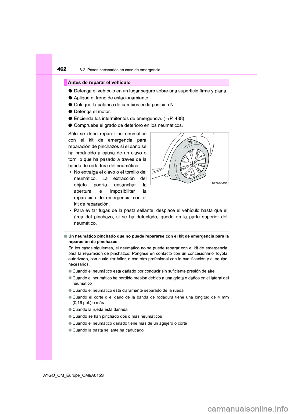 TOYOTA AYGO 2021 Manual del propietario (in Spanish) 4628-2. Pasos necesarios en caso de emergencia
AYGO_OM_Europe_OM9A015S
●Detenga el vehículo en un lugar seguro sobre una superficie firme y plana.
● Aplique el freno de estacionamiento.
● Col TOYOTA AYGO 2021 Manual del propietario (in Spanish) 4628-2. Pasos necesarios en caso de emergencia
AYGO_OM_Europe_OM9A015S
●Detenga el vehículo en un lugar seguro sobre una superficie firme y plana.
● Aplique el freno de estacionamiento.
● Col