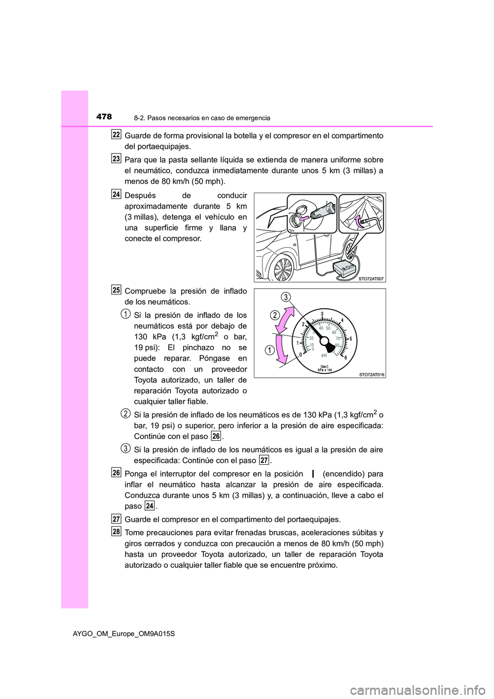 TOYOTA AYGO 2021 Manual del propietario (in Spanish) 4788-2. Pasos necesarios en caso de emergencia
AYGO_OM_Europe_OM9A015S
Guarde de forma provisional la botella y el compresor en el compartimento
del portaequipajes.
Para que la pasta sellante líqui TOYOTA AYGO 2021 Manual del propietario (in Spanish) 4788-2. Pasos necesarios en caso de emergencia
AYGO_OM_Europe_OM9A015S
Guarde de forma provisional la botella y el compresor en el compartimento
del portaequipajes.
Para que la pasta sellante líqui