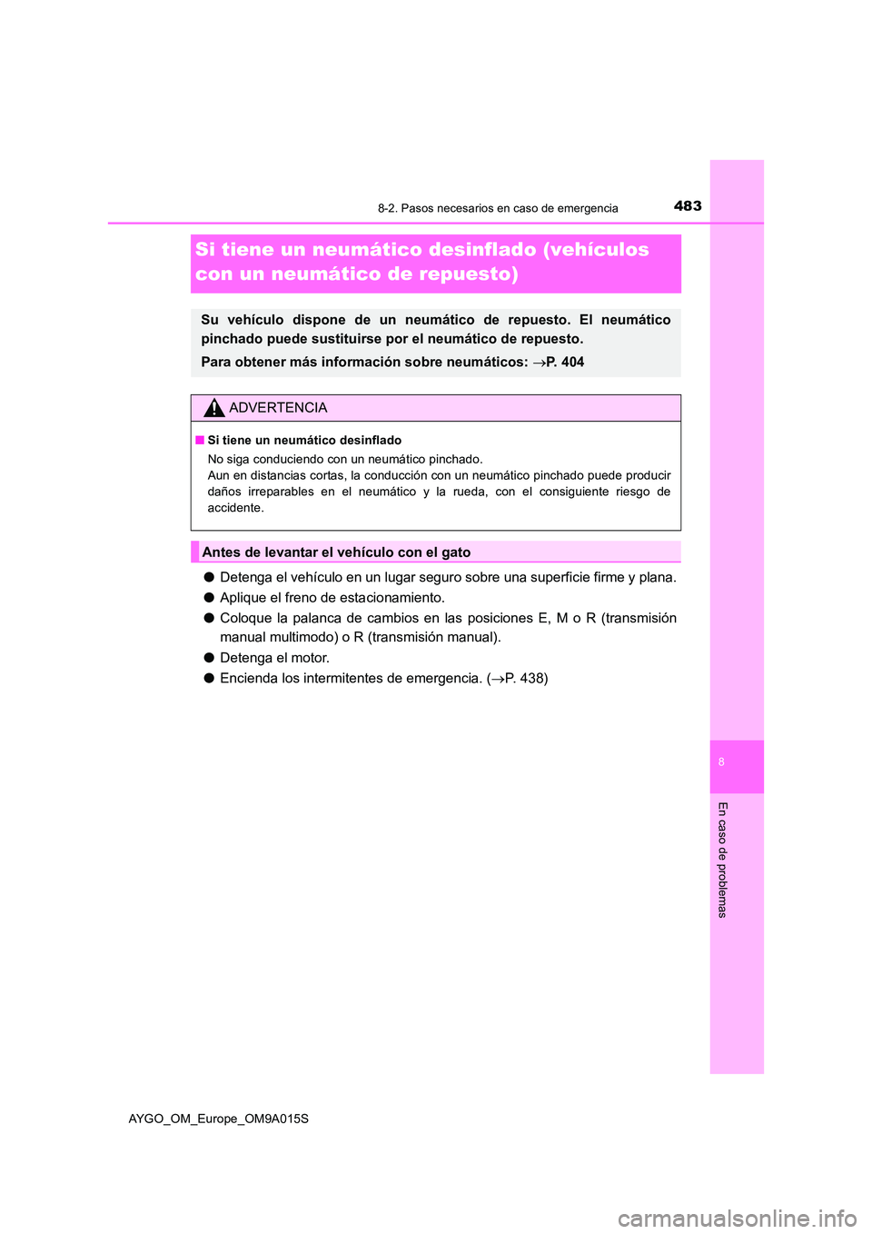 TOYOTA AYGO 2021 Manual del propietario (in Spanish) 4838-2. Pasos necesarios en caso de emergencia
8
En caso de problemas
AYGO_OM_Europe_OM9A015S
Si tiene un neumático desinflado (vehículos
con un neumático de repuesto)
● Detenga el vehículo en TOYOTA AYGO 2021 Manual del propietario (in Spanish) 4838-2. Pasos necesarios en caso de emergencia
8
En caso de problemas
AYGO_OM_Europe_OM9A015S
Si tiene un neumático desinflado (vehículos
con un neumático de repuesto)
● Detenga el vehículo en