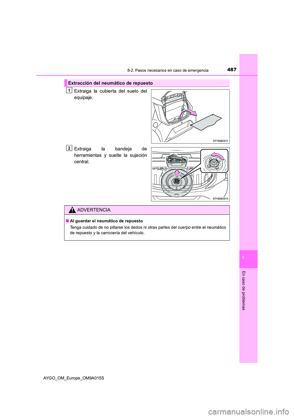 TOYOTA AYGO 2021 Manual del propietario (in Spanish) 4878-2. Pasos necesarios en caso de emergencia
8
En caso de problemas
AYGO_OM_Europe_OM9A015S
Extraiga la cubierta del suelo del
equipaje.
Extraiga la bandeja de
herramientas y suelte la sujeción
TOYOTA AYGO 2021 Manual del propietario (in Spanish) 4878-2. Pasos necesarios en caso de emergencia
8
En caso de problemas
AYGO_OM_Europe_OM9A015S
Extraiga la cubierta del suelo del
equipaje.
Extraiga la bandeja de
herramientas y suelte la sujeción