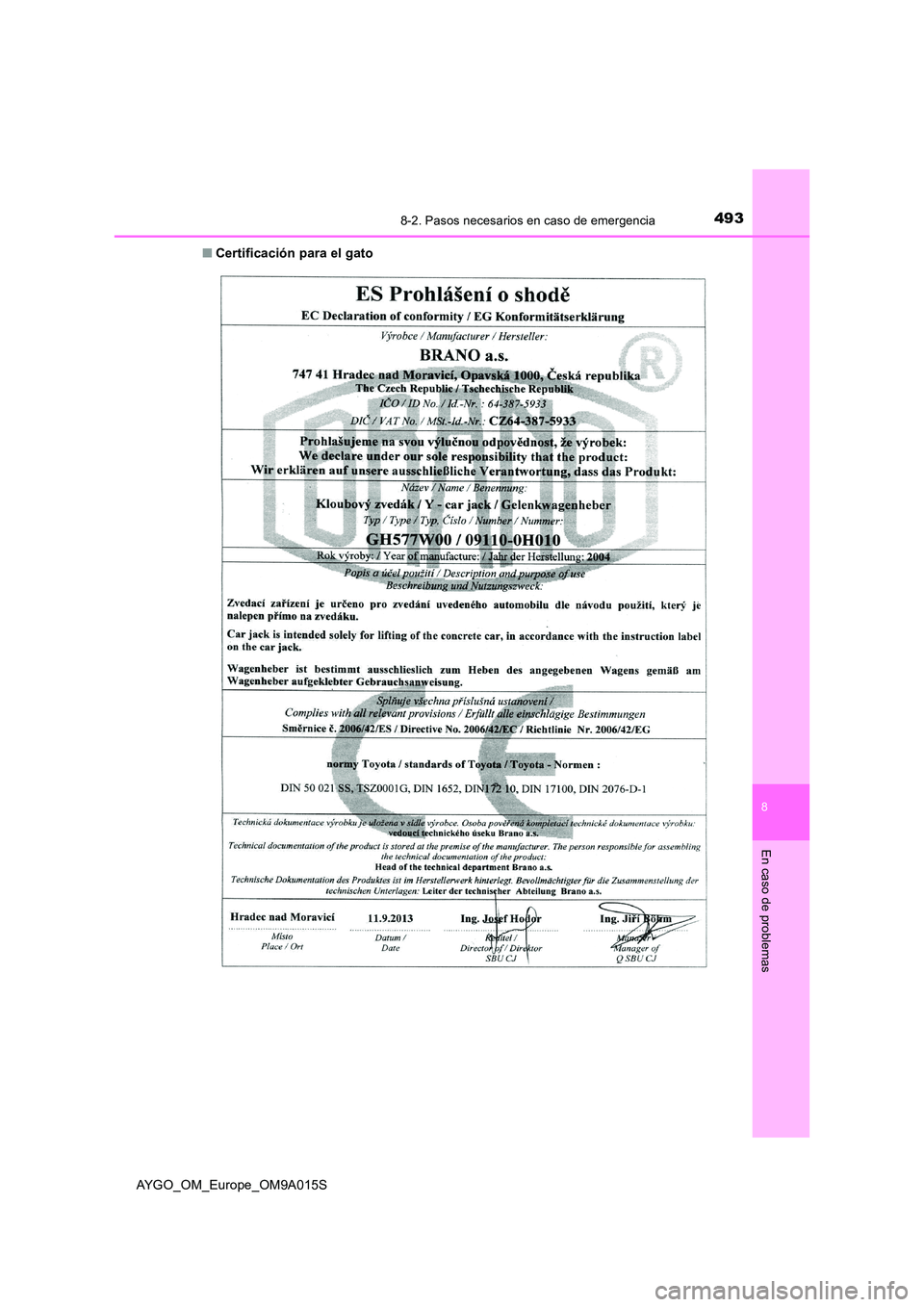 TOYOTA AYGO 2021 Manual del propietario (in Spanish) 4938-2. Pasos necesarios en caso de emergencia
8
En caso de problemas
AYGO_OM_Europe_OM9A015S
■ Certificación para el gato TOYOTA AYGO 2021 Manual del propietario (in Spanish) 4938-2. Pasos necesarios en caso de emergencia
8
En caso de problemas
AYGO_OM_Europe_OM9A015S
■ Certificación para el gato