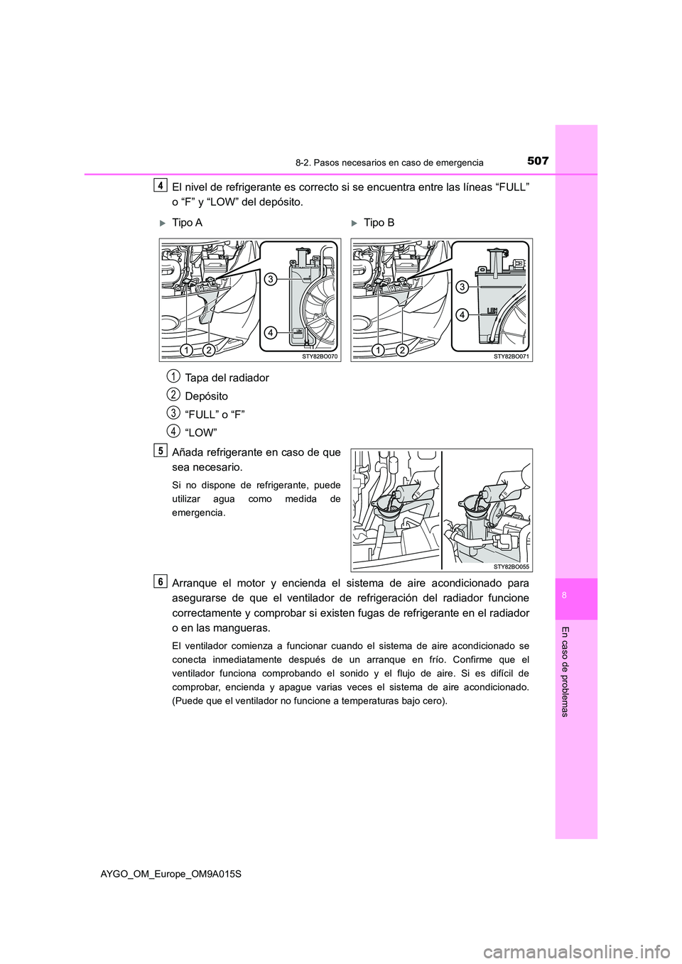 TOYOTA AYGO 2021  Manual del propietario (in Spanish) 5078-2. Pasos necesarios en caso de emergencia
8
En caso de problemas
AYGO_OM_Europe_OM9A015S
El nivel de refrigerante es correcto si se encuentra entre las líneas “FULL” 
o “F” y “LOW” d
